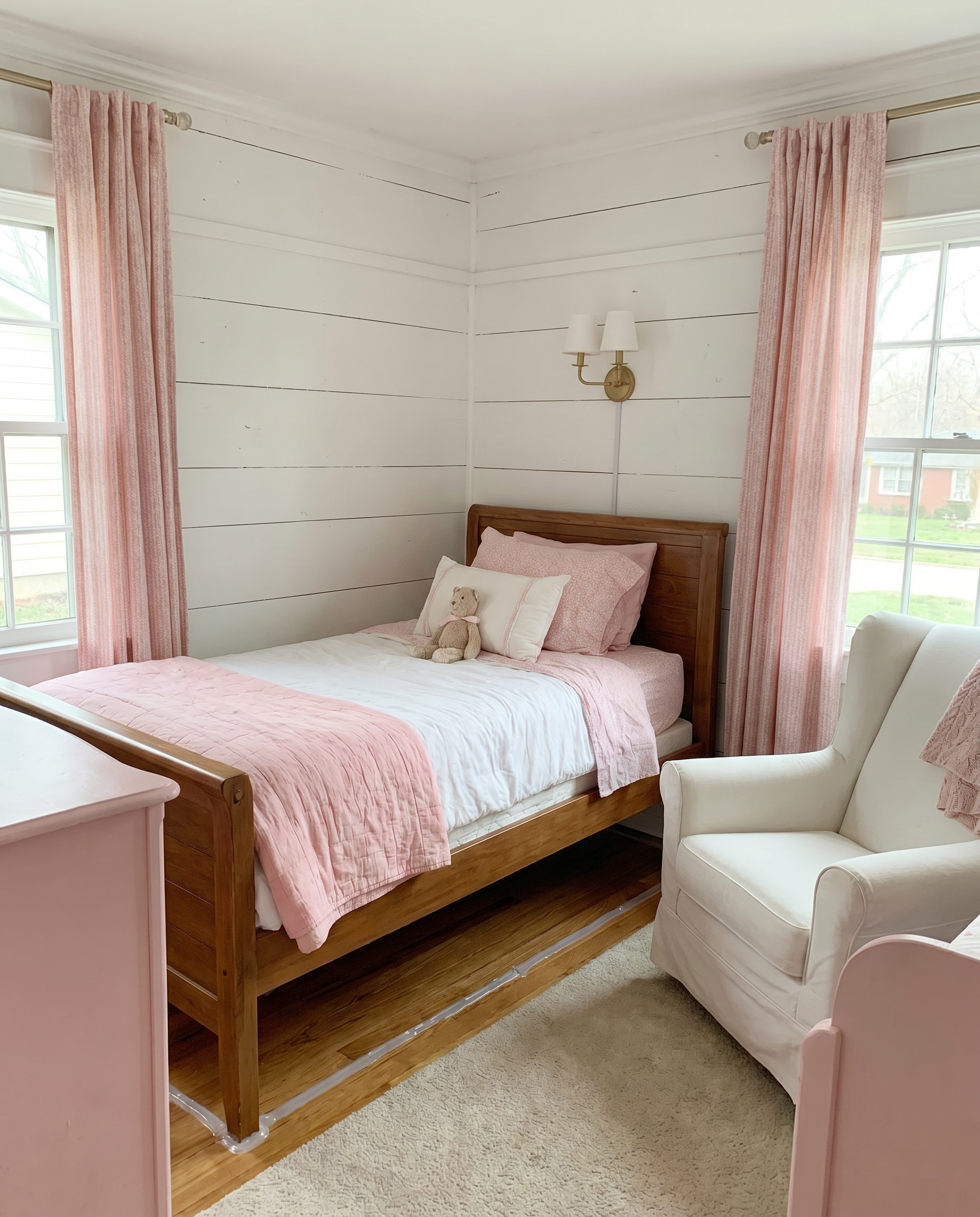 AI Design for Create a picture of a room in the American style, painted in white and pink, fully furnished and with silicone caulking underneath.