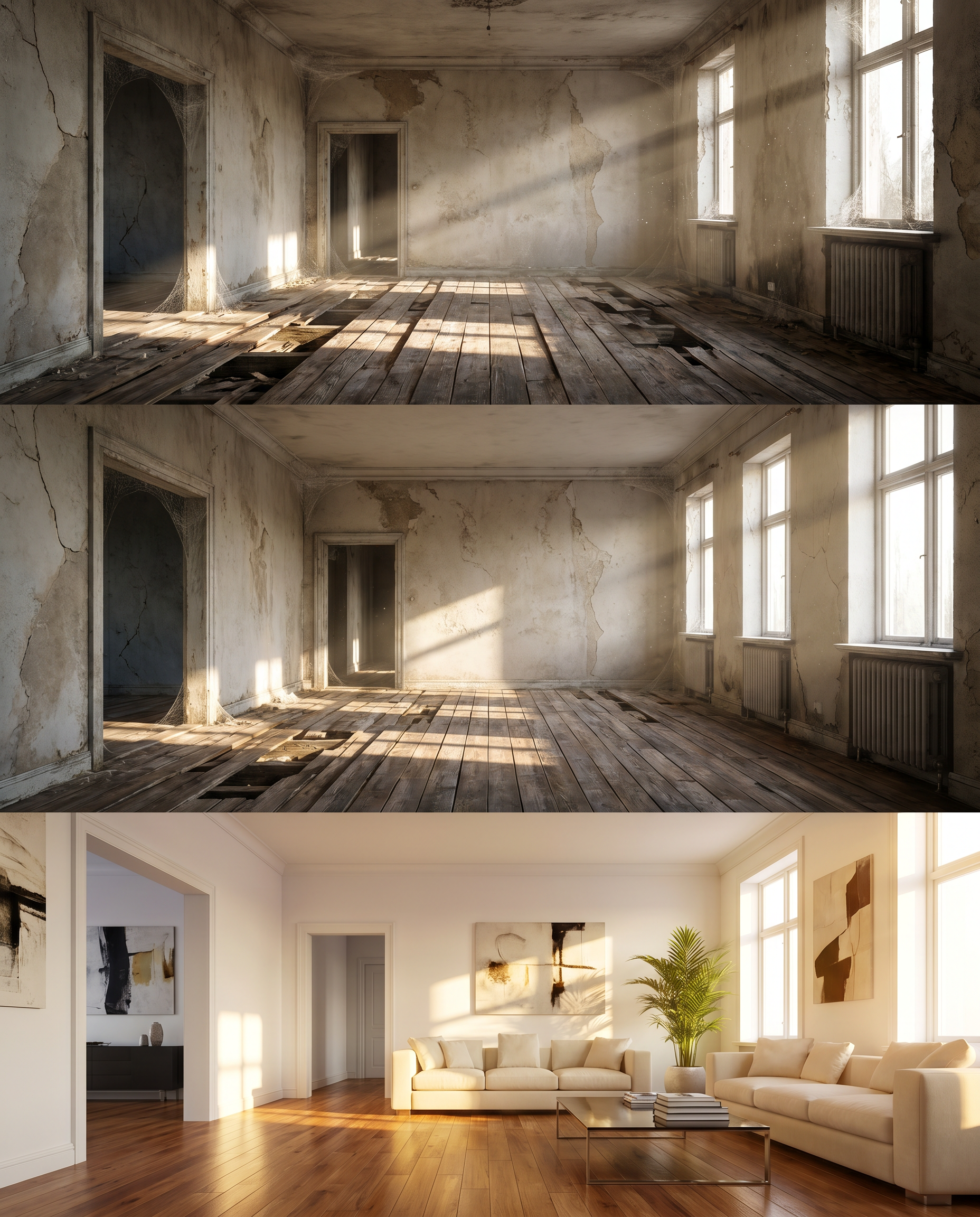 AI Design for smooth morphing transition, hyperlapse renovation, architectural visualization, realistic construction process, volumetric sunlight, cinematic camera movement, ultra photorealistic, HDR, 4K, highly detailed textures, luxury interior design, before and after transformation. An abandoned living room with collapsed wooden floors, cracked walls, peeling paint, broken ceiling panels, dust particles floating in sunlight, cobwebs in every corner. The camera slowly dollies forward. Construction workers appear in a fast-paced time-lapse sequence, removing debris, repairing floors, replacing windows, installing drywall, painting walls bright white, laying polished hardwood flooring, adding modern furniture and elegant décor. Natural sunlight gradually becomes brighter and warmer. End with a luxurious modern living room, cozy atmosphere, ultra-realistic details, cinematic lighting, smooth transitions, 4K, HDR, photorealistic, professional real-estate showcase.