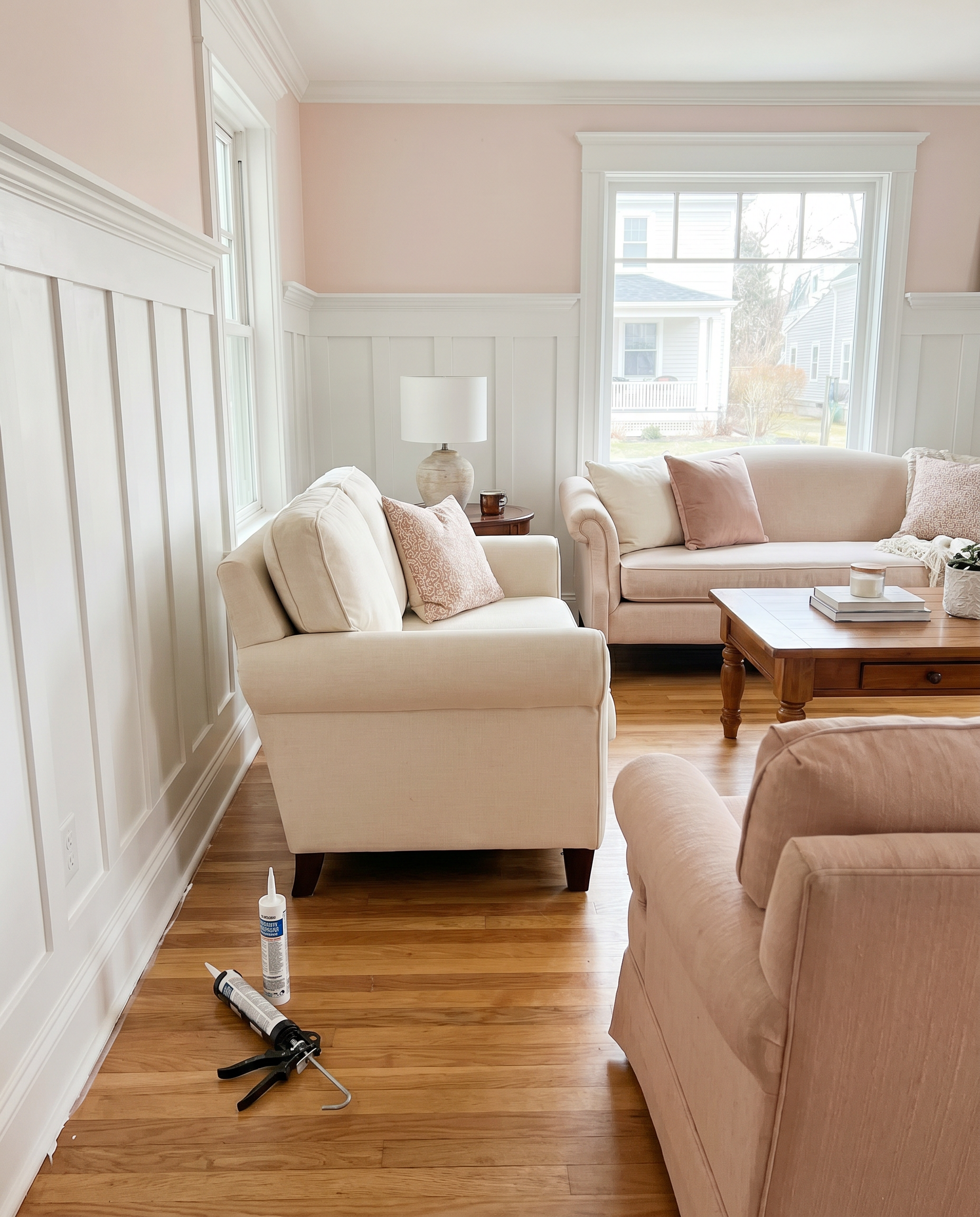 AI Design for Create a picture of a room in the American style, painted in white and pink, fully furnished and with silicone caulking underneath.
