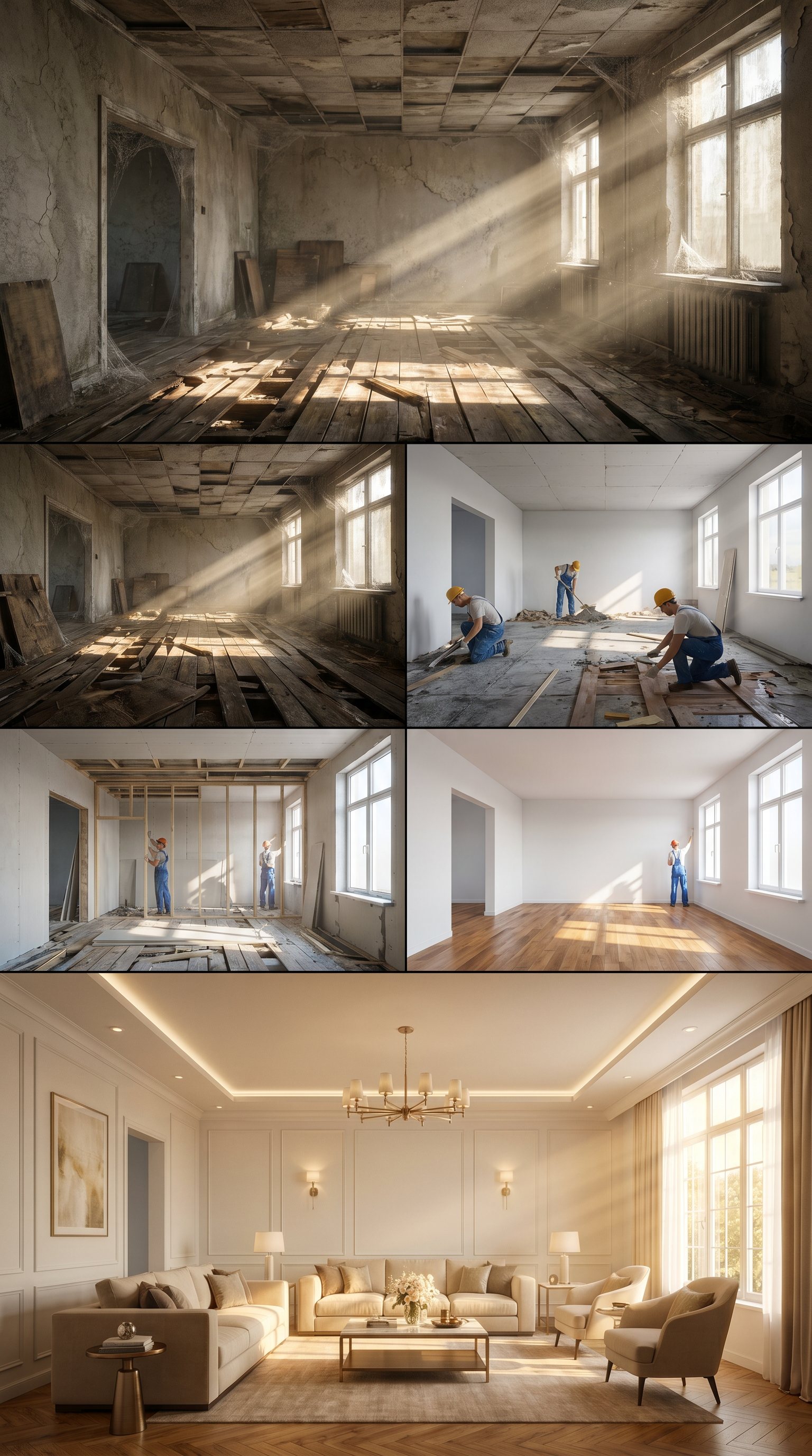 AI Design for smooth morphing transition, hyperlapse renovation, architectural visualization, realistic construction process, volumetric sunlight, cinematic camera movement, ultra photorealistic, HDR, 4K, highly detailed textures, luxury interior design, before and after transformation. An abandoned living room with collapsed wooden floors, cracked walls, peeling paint, broken ceiling panels, dust particles floating in sunlight, cobwebs in every corner. The camera slowly dollies forward. Construction workers appear in a fast-paced time-lapse sequence, removing debris, repairing floors, replacing windows, installing drywall, painting walls bright white, laying polished hardwood flooring, adding modern furniture and elegant décor. Natural sunlight gradually becomes brighter and warmer. End with a luxurious modern living room, cozy atmosphere, ultra-realistic details, cinematic lighting, smooth transitions, 4K, HDR, photorealistic, professional real-estate showcase. I need single camera view