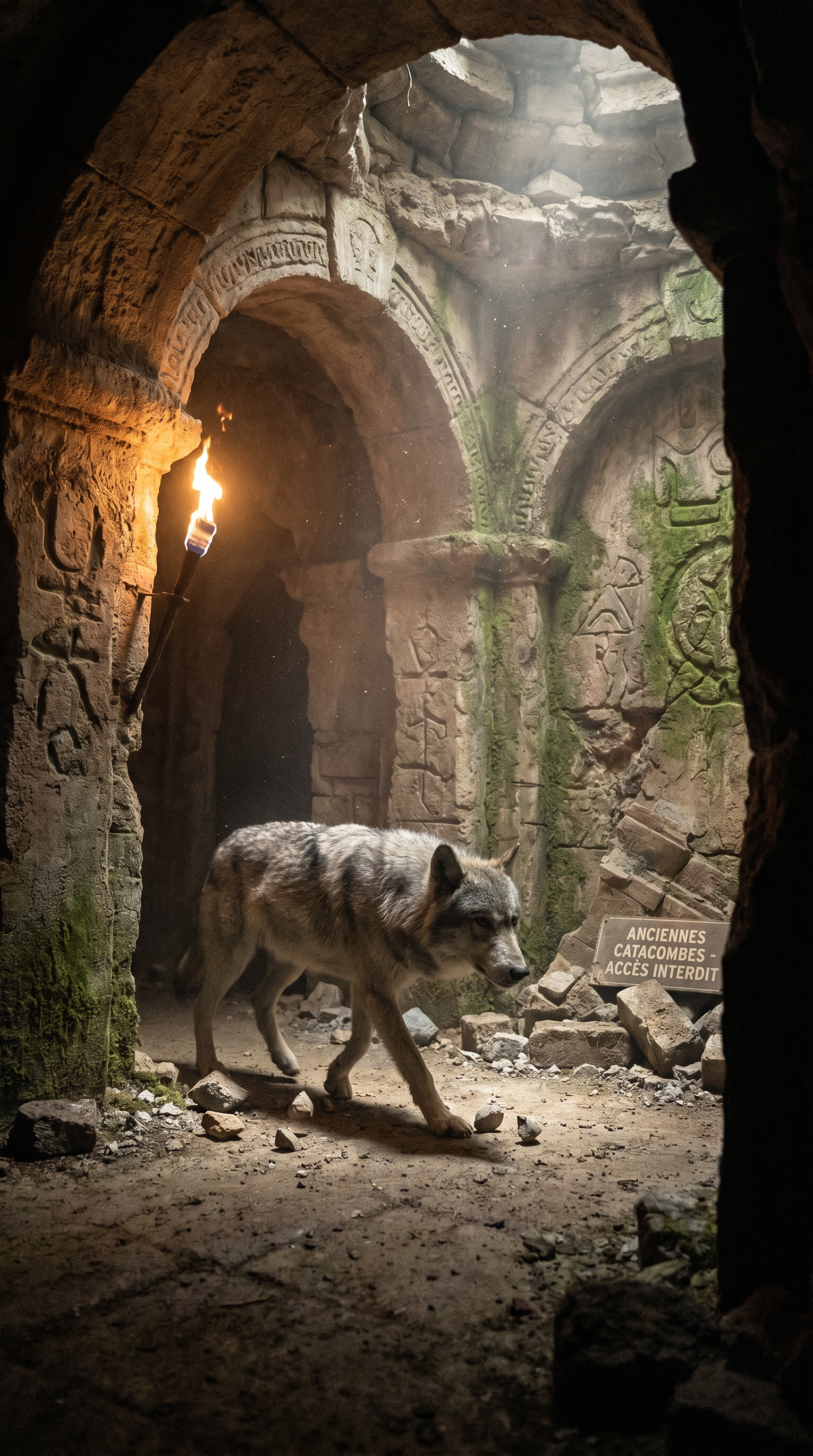 AI Design for Cinematic exploration footage. The wolf moves through increasingly ancient sections of the underground labyrinth. Wide-angle tracking shots reveal carved stone passages, collapsed corridors, and centuries-old masonry hidden beneath modern Paris. Dust particles float through flashlight beams. Small rocks shift under the wolf's paws. Camera glides around corners revealing mysterious symbols etched into walls. Environmental storytelling suggests forgotten history. Realistic moisture, dynamic shadows, atmospheric fog, and subtle suspenseful pacing. Every movement feels natural and physically accurate.