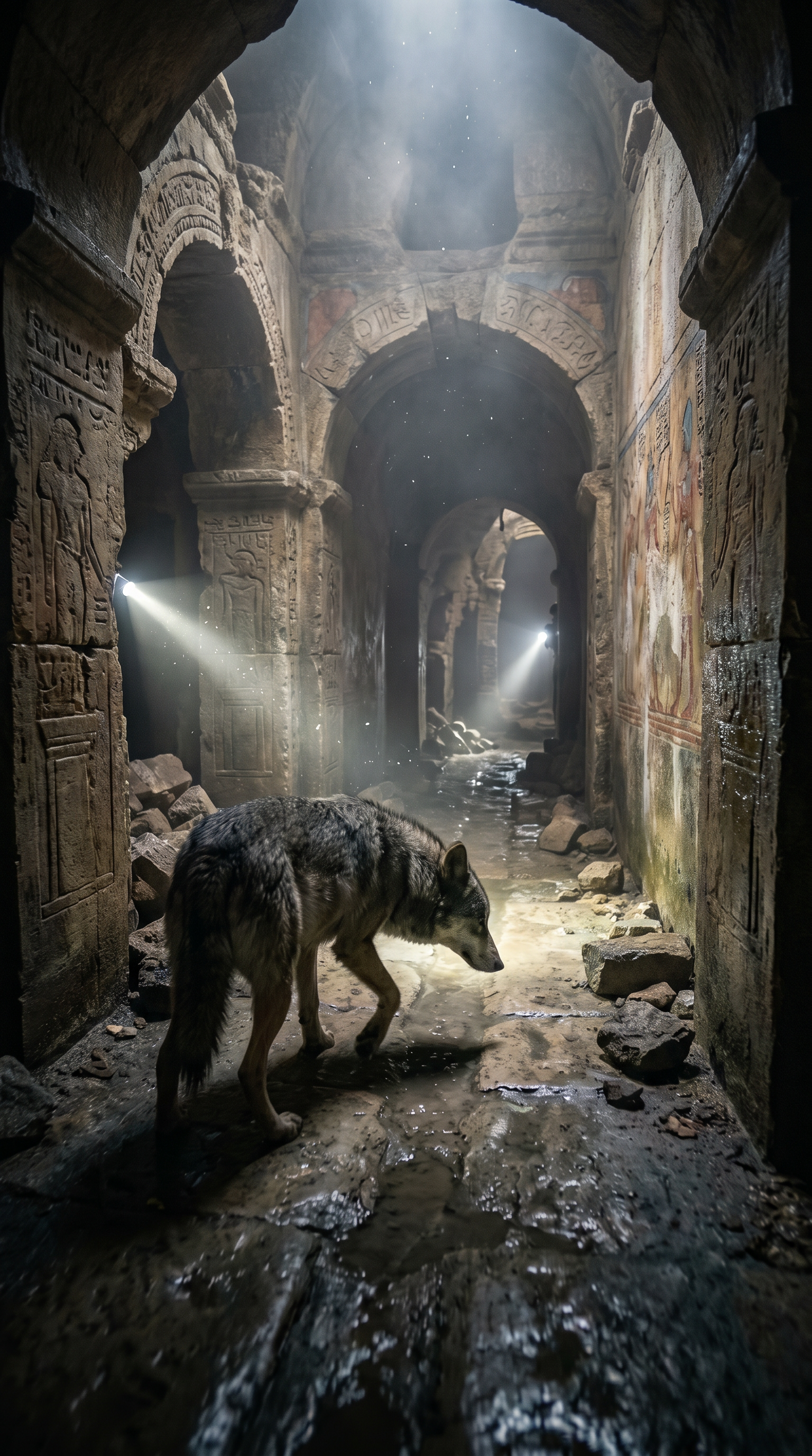 AI Design for Cinematic exploration footage. The wolf moves through increasingly ancient sections of the underground labyrinth. Wide-angle tracking shots reveal carved stone passages, collapsed corridors, and centuries-old masonry hidden beneath modern Paris. Dust particles float through flashlight beams. Small rocks shift under the wolf's paws. Camera glides around corners revealing mysterious symbols etched into walls. Environmental storytelling suggests forgotten history. Realistic moisture, dynamic shadows, atmospheric fog, and subtle suspenseful pacing. Every movement feels natural and physically accurate.