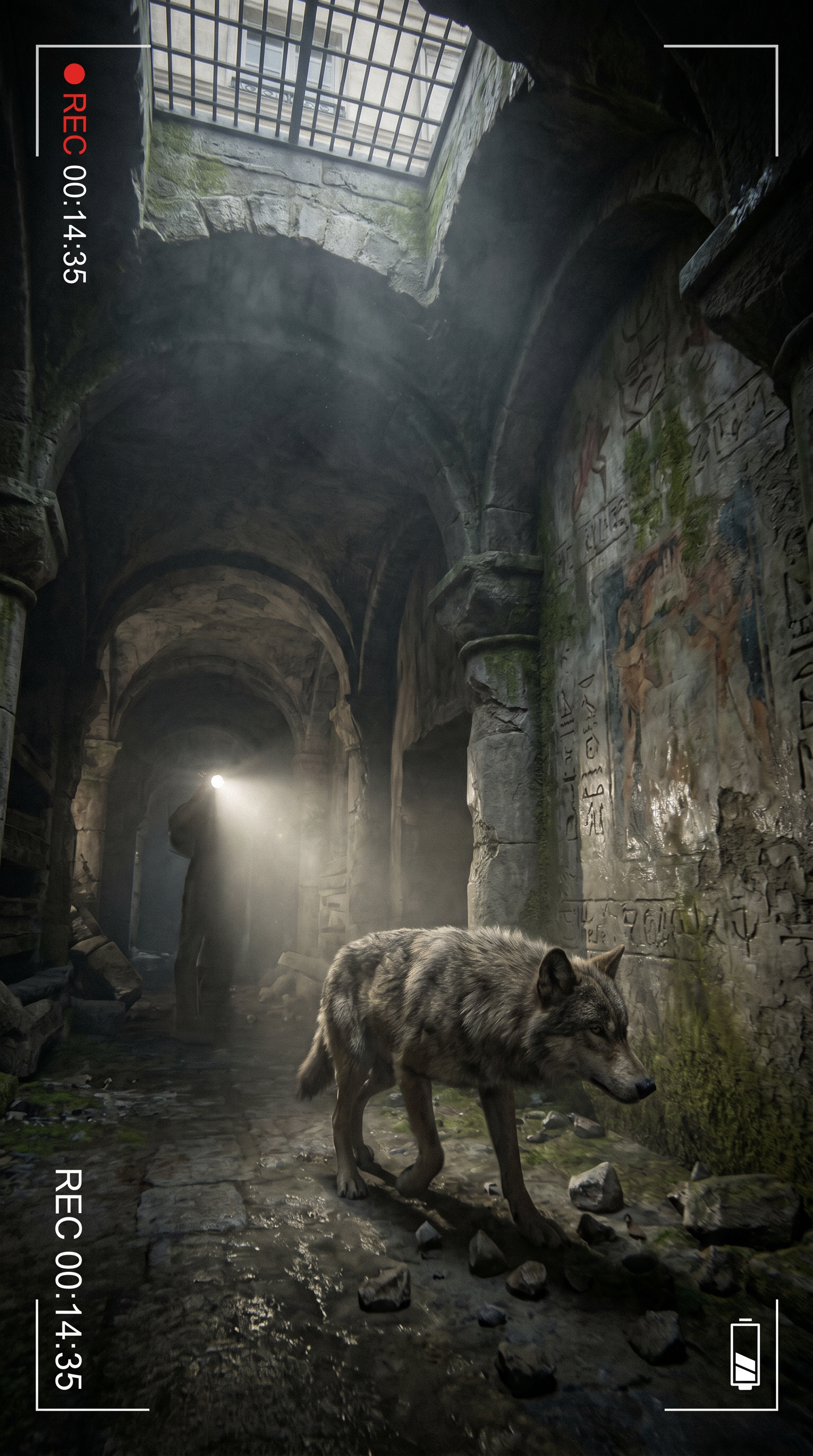 AI Design for Cinematic exploration footage. The wolf moves through increasingly ancient sections of the underground labyrinth. Wide-angle tracking shots reveal carved stone passages, collapsed corridors, and centuries-old masonry hidden beneath modern Paris. Dust particles float through flashlight beams. Small rocks shift under the wolf's paws. Camera glides around corners revealing mysterious symbols etched into walls. Environmental storytelling suggests forgotten history. Realistic moisture, dynamic shadows, atmospheric fog, and subtle suspenseful pacing. Every movement feels natural and physically accurate.