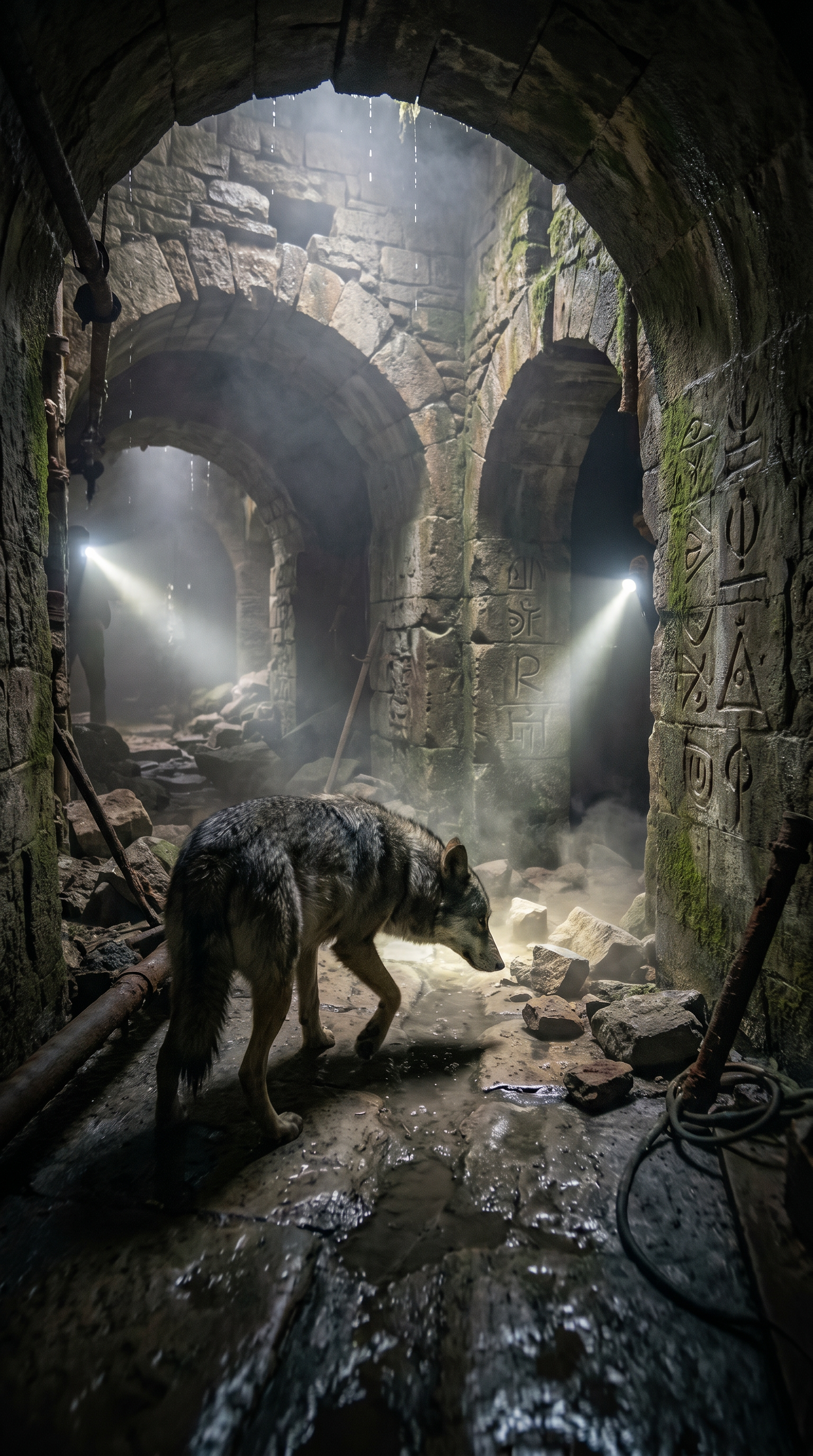 AI Design for Cinematic exploration footage. The wolf moves through increasingly ancient sections of the underground labyrinth. Wide-angle tracking shots reveal carved stone passages, collapsed corridors, and centuries-old masonry hidden beneath modern Paris. Dust particles float through flashlight beams. Small rocks shift under the wolf's paws. Camera glides around corners revealing mysterious symbols etched into walls. Environmental storytelling suggests forgotten history. Realistic moisture, dynamic shadows, atmospheric fog, and subtle suspenseful pacing. Every movement feels natural and physically accurate.