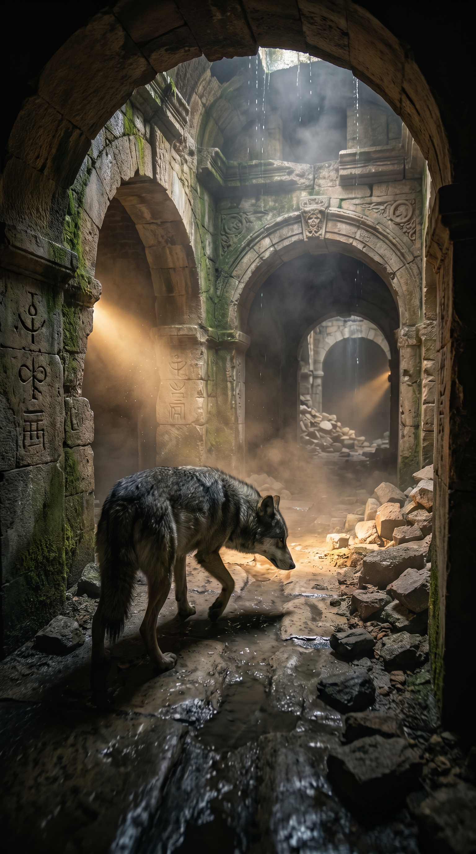 AI Design for Cinematic exploration footage. The wolf moves through increasingly ancient sections of the underground labyrinth. Wide-angle tracking shots reveal carved stone passages, collapsed corridors, and centuries-old masonry hidden beneath modern Paris. Dust particles float through flashlight beams. Small rocks shift under the wolf's paws. Camera glides around corners revealing mysterious symbols etched into walls. Environmental storytelling suggests forgotten history. Realistic moisture, dynamic shadows, atmospheric fog, and subtle suspenseful pacing. Every movement feels natural and physically accurate.
