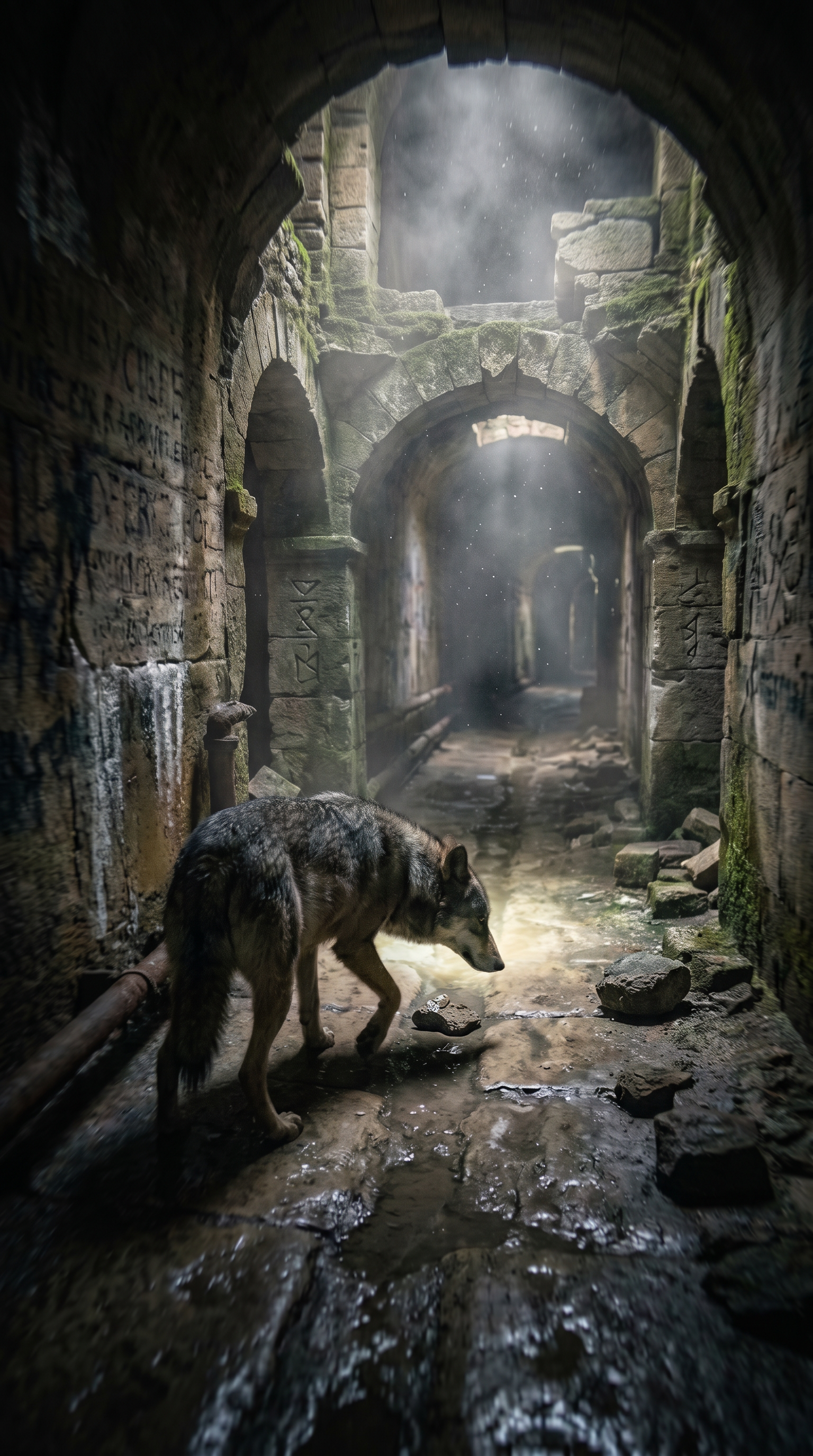 AI Design for Cinematic exploration footage. The wolf moves through increasingly ancient sections of the underground labyrinth. Wide-angle tracking shots reveal carved stone passages, collapsed corridors, and centuries-old masonry hidden beneath modern Paris. Dust particles float through flashlight beams. Small rocks shift under the wolf's paws. Camera glides around corners revealing mysterious symbols etched into walls. Environmental storytelling suggests forgotten history. Realistic moisture, dynamic shadows, atmospheric fog, and subtle suspenseful pacing. Every movement feels natural and physically accurate.