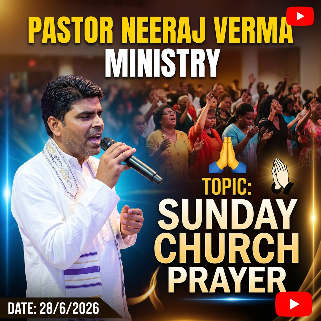 AI Design for TITLE- PASTOR NEERAJ VERMA MINISTRY, DATE- 28/6/2026, TOPIC-SUNDAY CHURCH PRAYER, YOUTUBE K LIYE THUMBNAIL DO, IS PHOTO K SATH