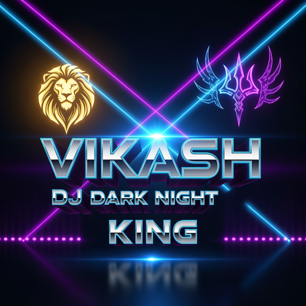 AI Design for Create a premium 8K ultra-detailed logo for “VIKASH DJ DARK NIGHT KING”. Theme: futuristic DJ stage + neon cyber style + royal energy. Main colors: electric blue, purple, black, gold glow. Add a powerful glowing lion emblem on one side and a divine trident-inspired energy symbol on the other (without copying artwork). Include laser beams, LED light effects, metallic chrome text, cinematic lighting, dark night festival vibe, luxury concert branding, modern typography, ultra sharp details, glossy reflections, high contrast, viral social media style, professional DJ brand identity, premium event logo, symmetrical composition, clean background, 3D depth, iconic and memorable design, 8K quality, hyper realistic, trending USA-style visual impact. Text: “VIKASH DJ DARK NIGHT KING” large and bold.