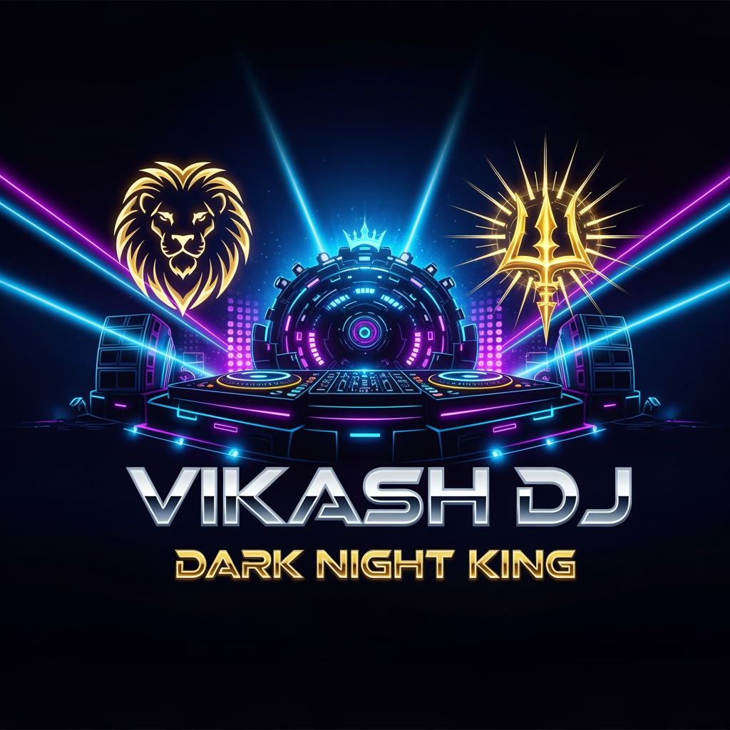 AI Design for Create a premium 8K ultra-detailed logo for “VIKASH DJ DARK NIGHT KING”. Theme: futuristic DJ stage + neon cyber style + royal energy. Main colors: electric blue, purple, black, gold glow. Add a powerful glowing lion emblem on one side and a divine trident-inspired energy symbol on the other (without copying artwork). Include laser beams, LED light effects, metallic chrome text, cinematic lighting, dark night festival vibe, luxury concert branding, modern typography, ultra sharp details, glossy reflections, high contrast, viral social media style, professional DJ brand identity, premium event logo, symmetrical composition, clean background, 3D depth, iconic and memorable design, 8K quality, hyper realistic, trending USA-style visual impact. Text: “VIKASH DJ DARK NIGHT KING” large and bold.