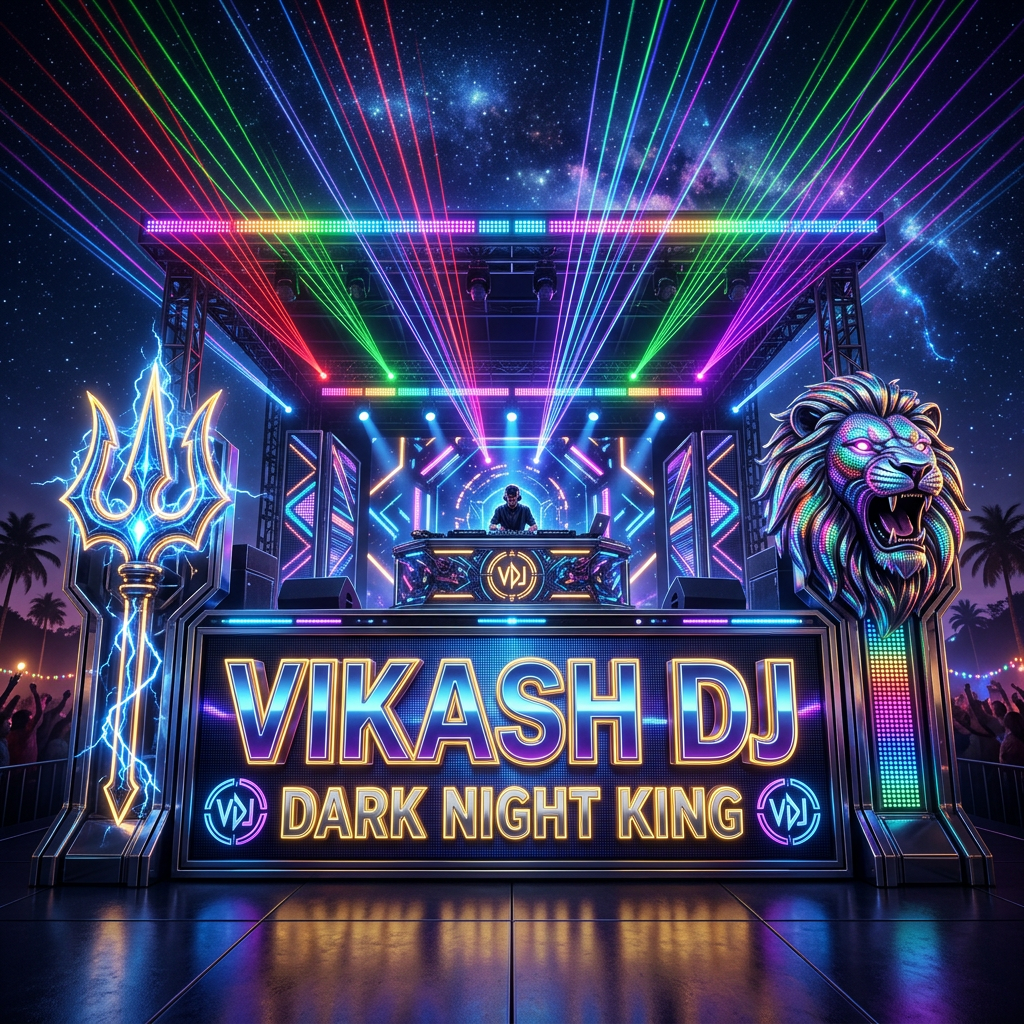 AI Design for Create a premium 8K ultra-detailed logo for “VIKASH DJ DARK NIGHT KING”. Theme: futuristic DJ stage + neon cyber style + royal energy. Main colors: electric blue, purple, black, gold glow. Add a powerful glowing lion emblem on one side and a divine trident-inspired energy symbol on the other (without copying artwork). Include laser beams, LED light effects, metallic chrome text, cinematic lighting, dark night festival vibe, luxury concert branding, modern typography, ultra sharp details, glossy reflections, high contrast, viral social media style, professional DJ brand identity, premium event logo, symmetrical composition, clean background, 3D depth, iconic and memorable design, 8K quality, hyper realistic, trending USA-style visual impact. Text: “VIKASH DJ DARK NIGHT KING” large and bold.