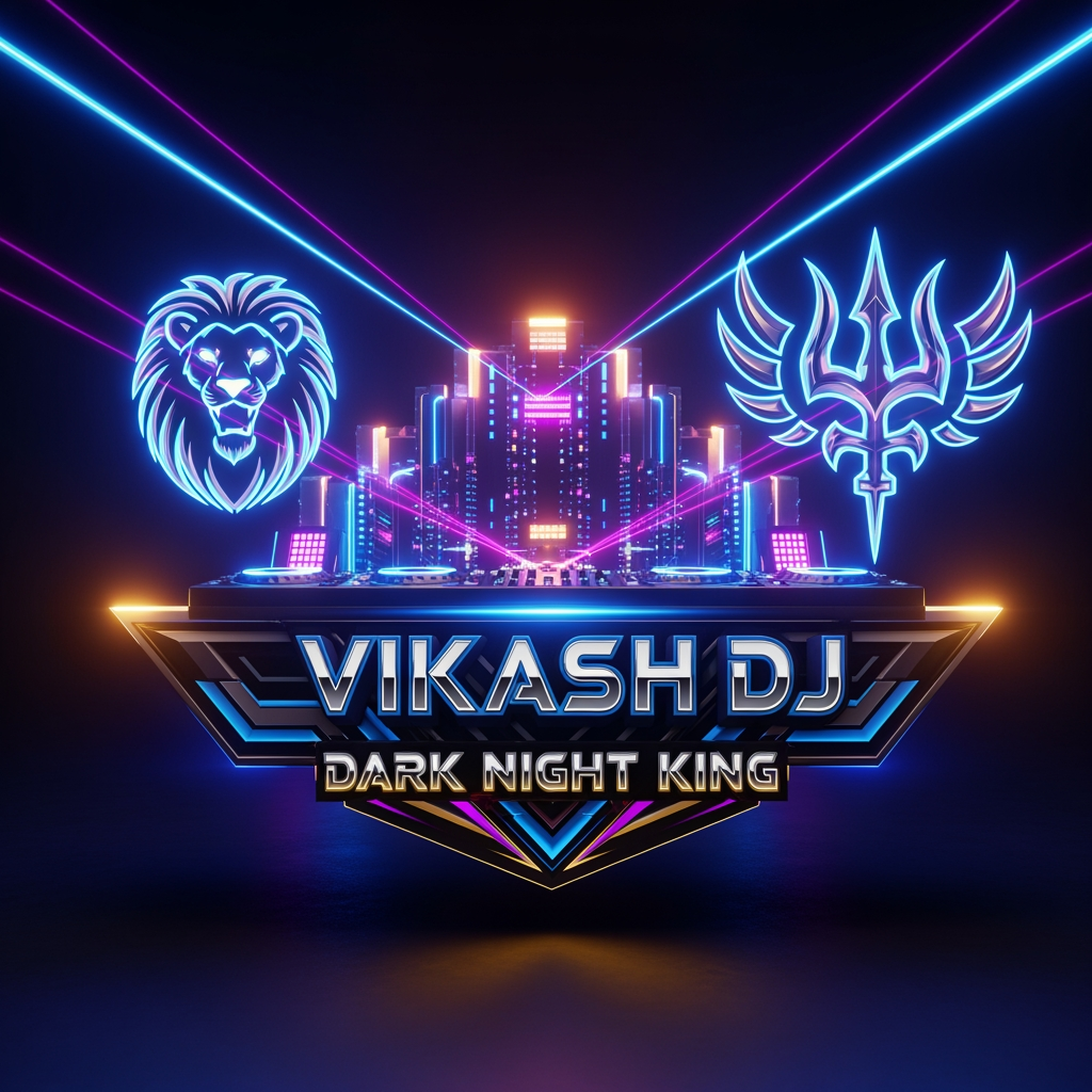 AI Design for Create a premium 8K ultra-detailed logo for “VIKASH DJ DARK NIGHT KING”. Theme: futuristic DJ stage + neon cyber style + royal energy. Main colors: electric blue, purple, black, gold glow. Add a powerful glowing lion emblem on one side and a divine trident-inspired energy symbol on the other (without copying artwork). Include laser beams, LED light effects, metallic chrome text, cinematic lighting, dark night festival vibe, luxury concert branding, modern typography, ultra sharp details, glossy reflections, high contrast, viral social media style, professional DJ brand identity, premium event logo, symmetrical composition, clean background, 3D depth, iconic and memorable design, 8K quality, hyper realistic, trending USA-style visual impact. Text: “VIKASH DJ DARK NIGHT KING” large and bold.