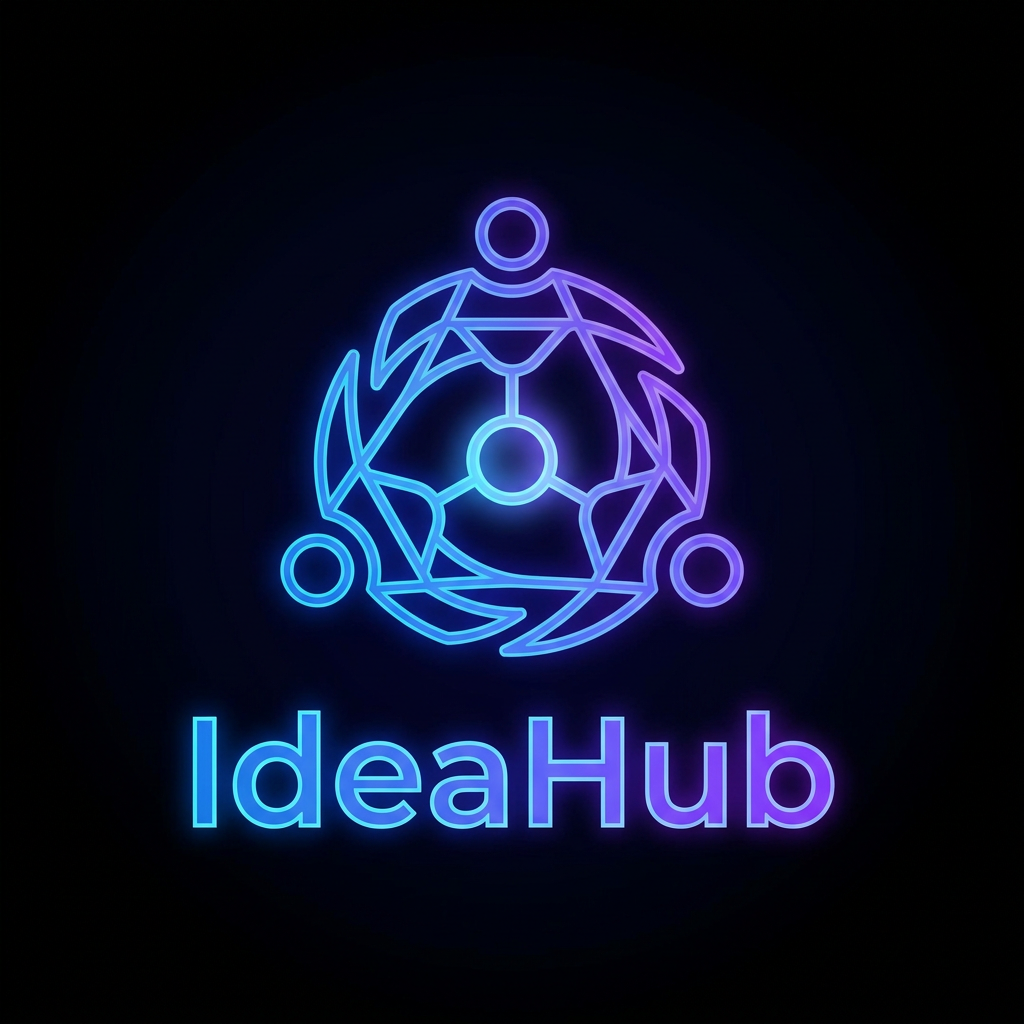AI Design for A minimalist, modern logo design for 'IdeaHub' featuring a stylized, geometric icon of three figures collaborating around a circular table, forming a cohesive unit that represents innovation and teamwork. The design uses clean, bold lines and a vibrant neon-gradient color palette of electric blue and violet to create high contrast against a dark, pitch-black background. The aesthetic is sleek, professional, and tech-forward, optimized for high visibility and impact on dark-themed digital interfaces.