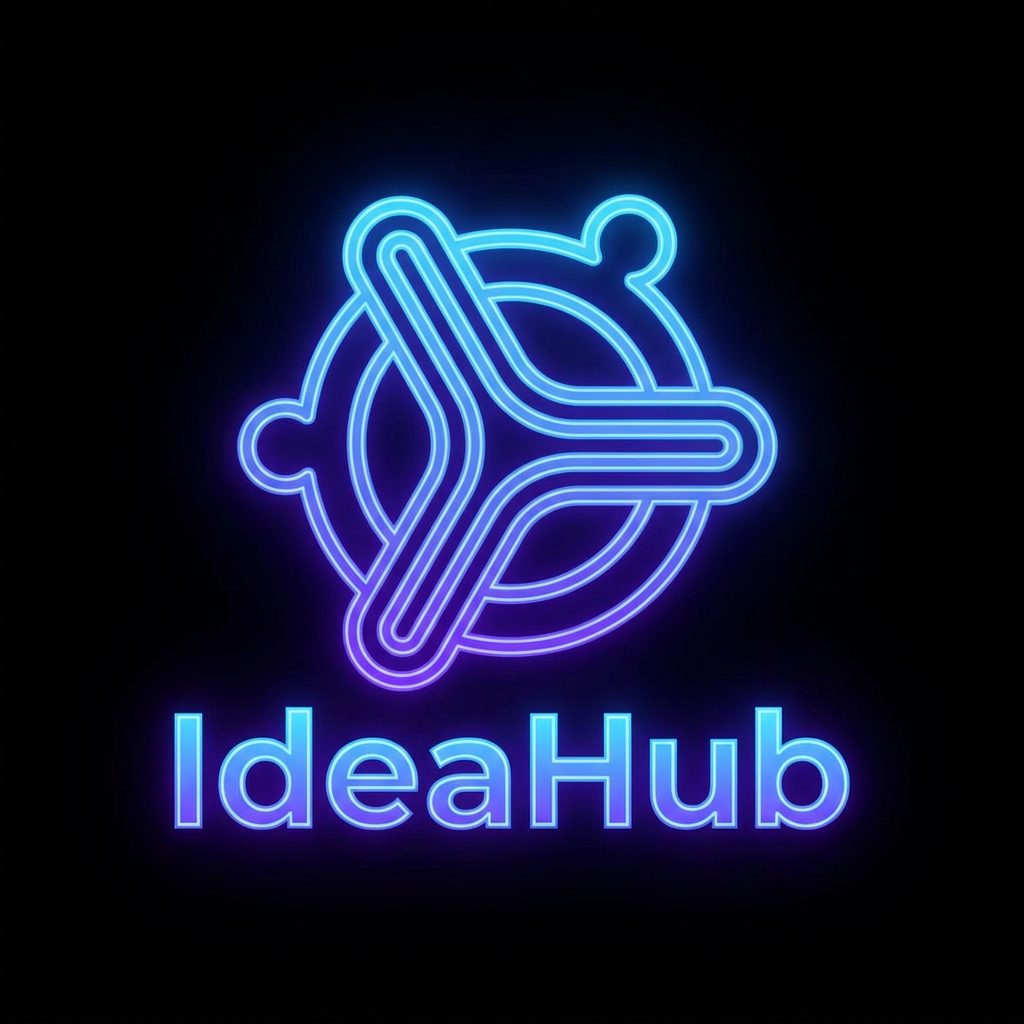 AI Design for A minimalist, modern logo design for 'IdeaHub' featuring a stylized, geometric icon of three figures collaborating around a circular table, forming a cohesive unit that represents innovation and teamwork. The design uses clean, bold lines and a vibrant neon-gradient color palette of electric blue and violet to create high contrast against a dark, pitch-black background. The aesthetic is sleek, professional, and tech-forward, optimized for high visibility and impact on dark-themed digital interfaces.