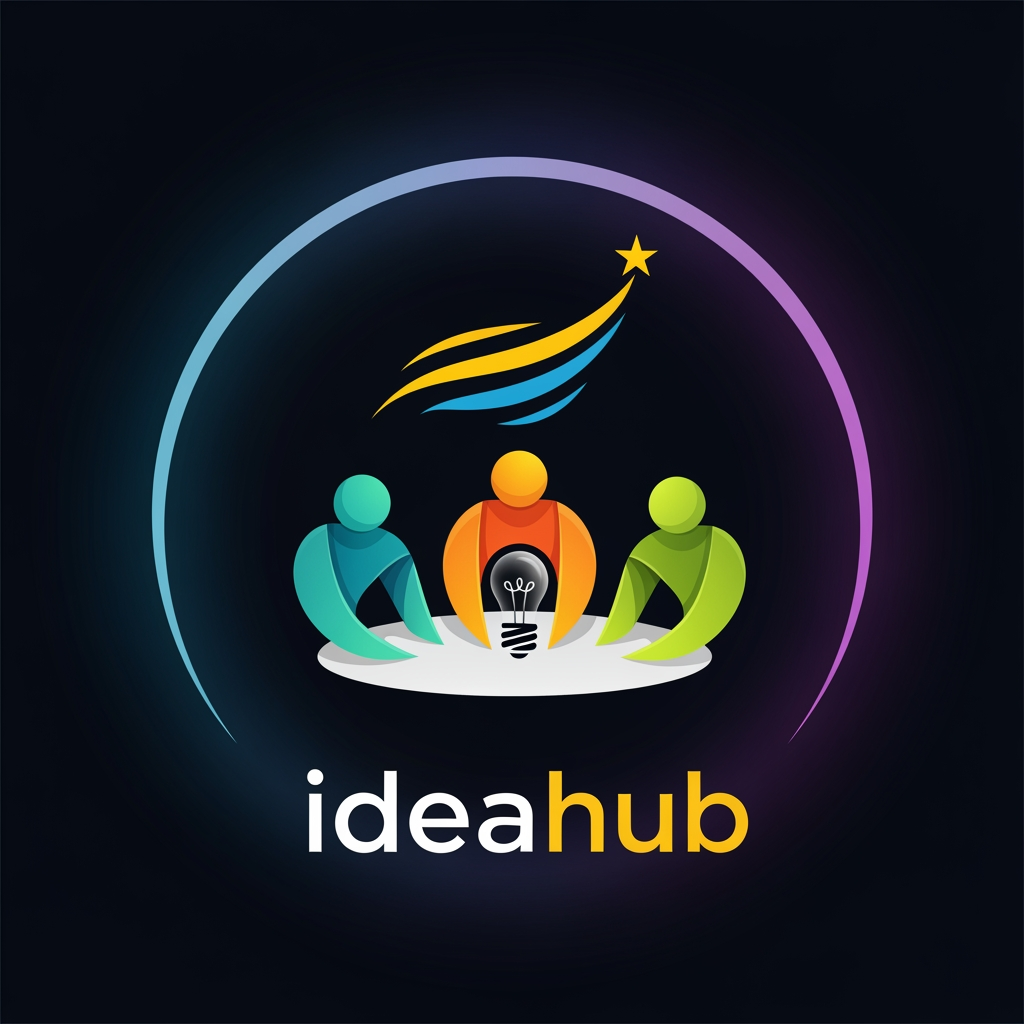 AI Design for design a beutiful catchy logo for ideahub,it will be like two three people sitting around a table and building an innovative project make logo that convey this idea that you collab with people and build you dream project come true on out ideahub platform,the background of the application is black dark so the logo need to be suitable for that theme