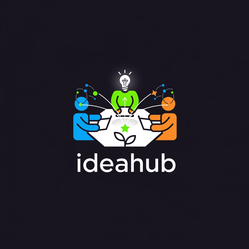AI Design for design a beutiful catchy logo for ideahub,it will be like two three people sitting around a table and building an innovative project make logo that convey this idea that you collab with people and build you dream project come true on out ideahub platform,the background of the application is black dark so the logo need to be suitable for that theme