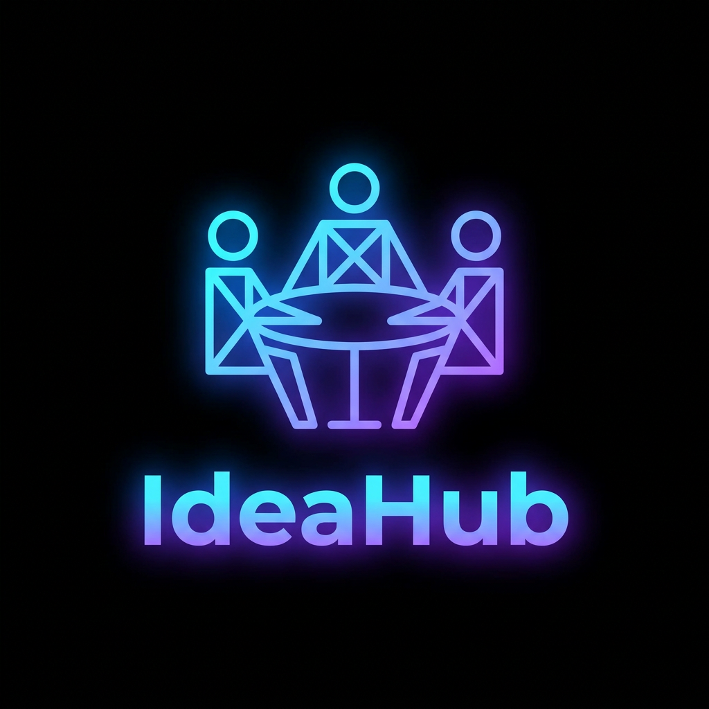 AI Design for A minimalist, modern logo design for 'IdeaHub' featuring a stylized, geometric icon of three figures collaborating around a circular table, forming a cohesive unit that represents innovation and teamwork. The design uses clean, bold lines and a vibrant neon-gradient color palette of electric blue and violet to create high contrast against a dark, pitch-black background. The aesthetic is sleek, professional, and tech-forward, optimized for high visibility and impact on dark-themed digital interfaces.