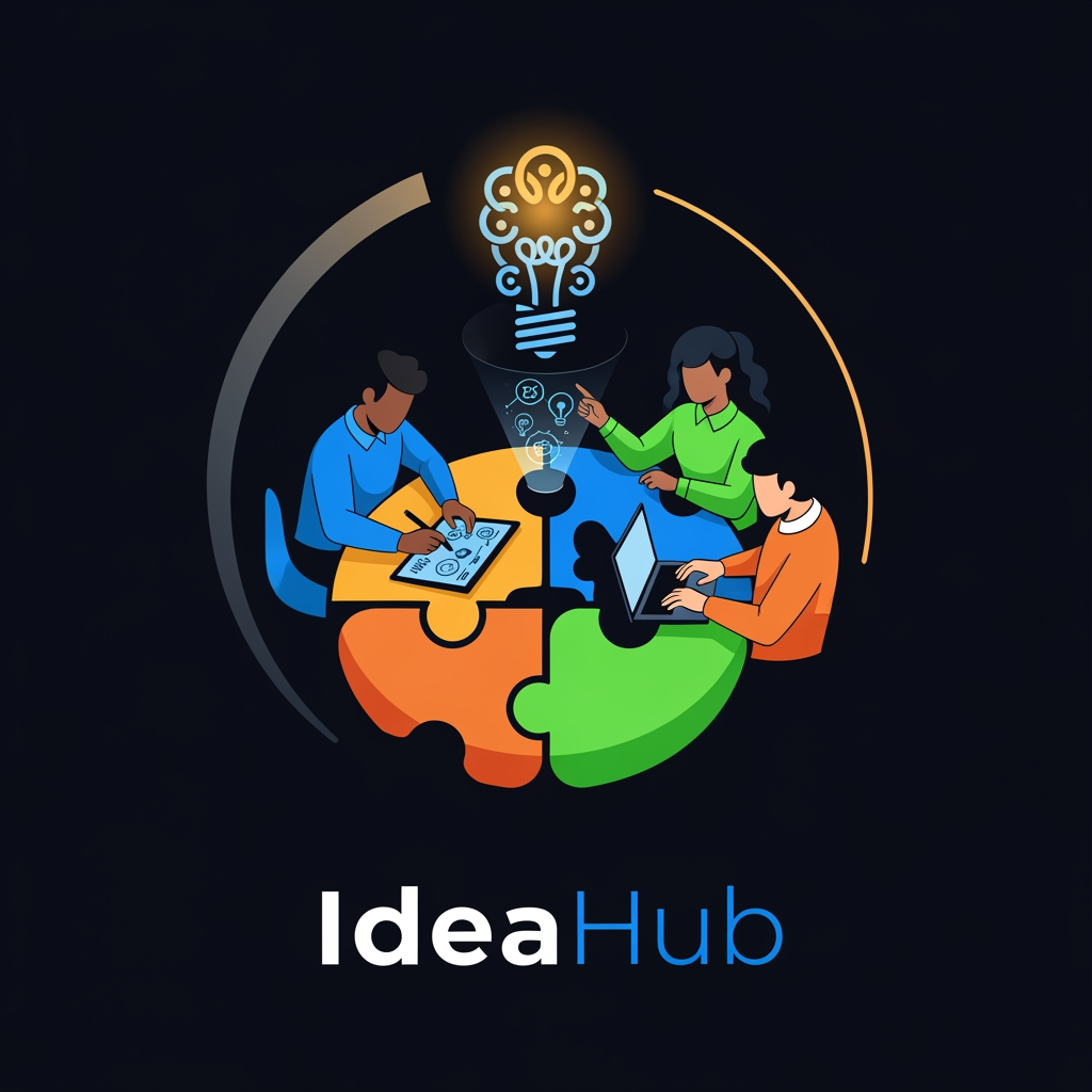 AI Design for design a beutiful catchy logo for ideahub,it will be like two three people sitting around a table and building an innovative project make logo that convey this idea that you collab with people and build you dream project come true on out ideahub platform,the background of the application is black dark so the logo need to be suitable for that theme