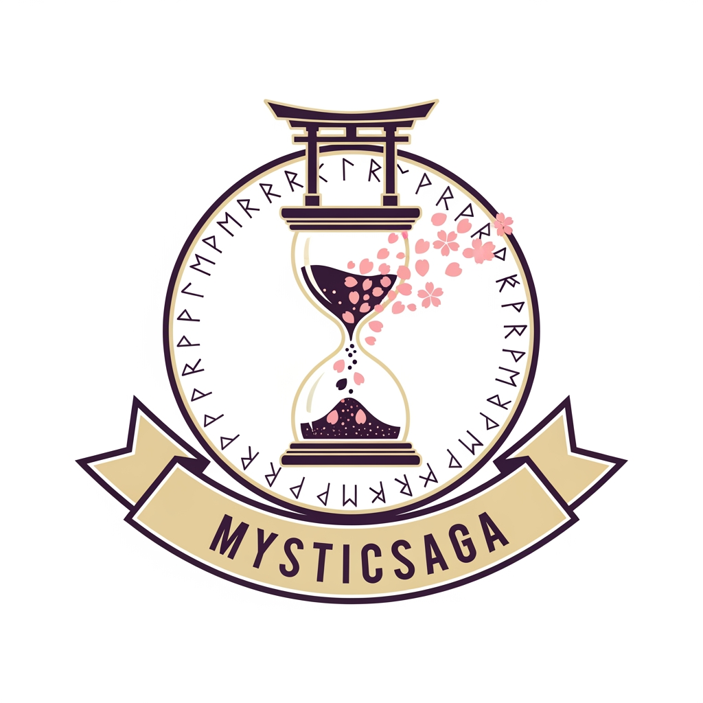AI Design for Create a flat vector, illustrative-style emblem logo design for an anime channel exploring myths, legends and historic enigmas named 'MysticSaga', built as a circular crest: a stylized torii gate at the top, an hourglass at the center with sand turning into cherry-blossom petals, and tiny runic marks around the rim. Place the word “MYSTICSAGA” in a curved banner below the circle. Use dark plum, antique parchment-gold, and soft sakura pink accents against a white background. Do not show any realistic photo detail shading.
