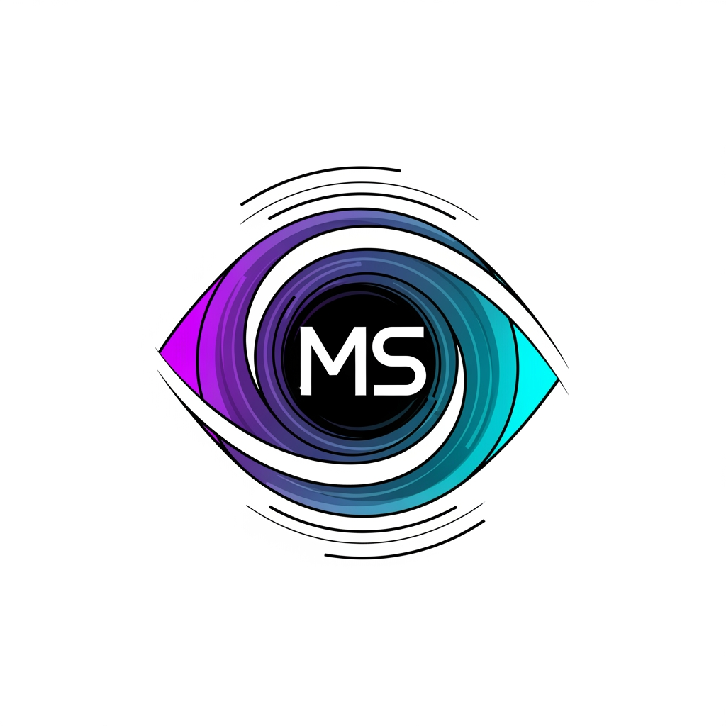 AI Design for Create a flat vector, illustrative-style abstract concept logo design for an anime channel focused on historical mysteries, myths and legends named 'MysticSaga', depicting a swirling portal ring shaped like an eye whose iris subtly forms the letters “MS”. Concentric ripple lines radiate outward, suggesting time travel and unfolding stories. Apply gradient hues of cosmic violet to electric cyan for the portal, with a crisp white highlight arc and minimal black outline against a white background. Do not show any realistic photo detail shading.