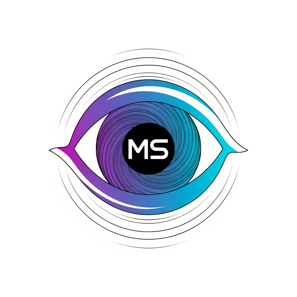 AI Design for Create a flat vector, illustrative-style abstract concept logo design for an anime channel focused on historical mysteries, myths and legends named 'MysticSaga', depicting a swirling portal ring shaped like an eye whose iris subtly forms the letters “MS”. Concentric ripple lines radiate outward, suggesting time travel and unfolding stories. Apply gradient hues of cosmic violet to electric cyan for the portal, with a crisp white highlight arc and minimal black outline against a white background. Do not show any realistic photo detail shading.