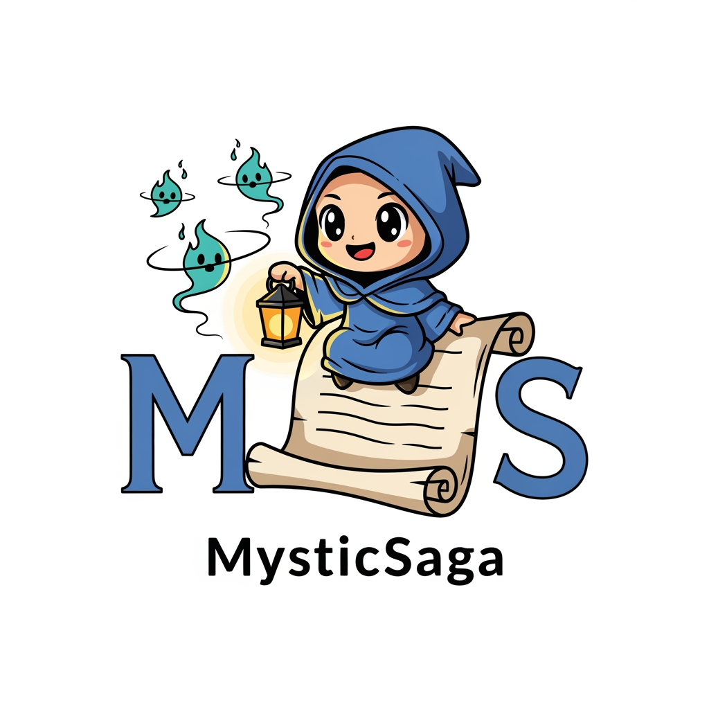 AI Design for Create a flat vector, illustrative-style mascot logo design for a myths-and-legends anime channel named 'MysticSaga', featuring a cute hooded chibi storyteller perched on an open scroll; the scroll’s edges curl into the letter “M” on the left and “S” on the right. Small floating ghost-flame wisps orbit the mascot’s lantern to hint at spooky tales. Use twilight-blue robes, warm lantern amber, and teal ghost-flames against a white background. Do not show any realistic photo detail shading.