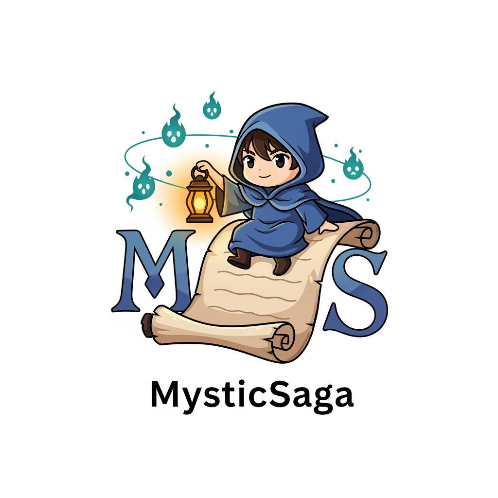 AI Design for Create a flat vector, illustrative-style mascot logo design for a myths-and-legends anime channel named 'MysticSaga', featuring a cute hooded chibi storyteller perched on an open scroll; the scroll’s edges curl into the letter “M” on the left and “S” on the right. Small floating ghost-flame wisps orbit the mascot’s lantern to hint at spooky tales. Use twilight-blue robes, warm lantern amber, and teal ghost-flames against a white background. Do not show any realistic photo detail shading.