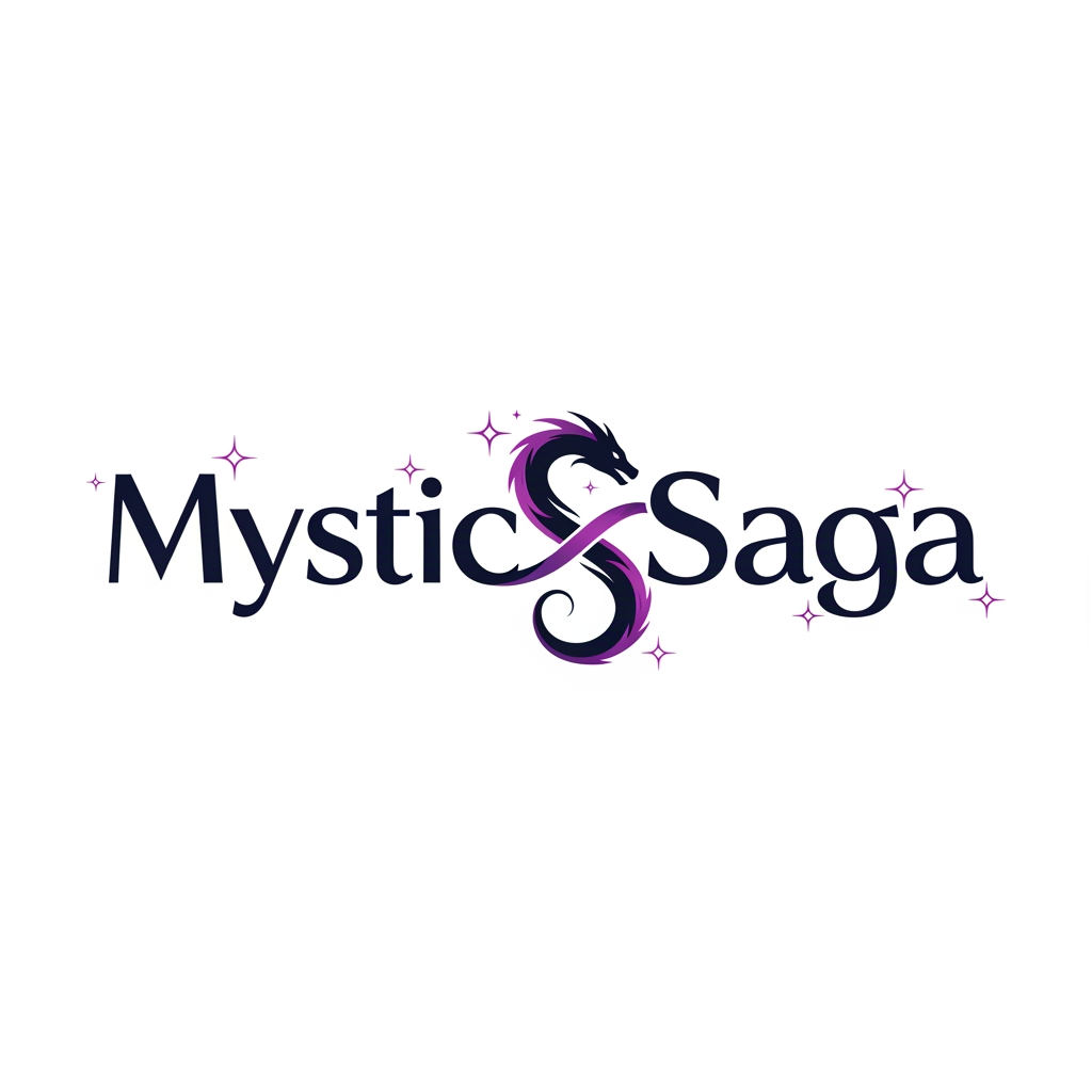 AI Design for Logo Idea 1:
Create a flat vector, illustrative-style wordmark logo design for a storytelling anime channel about historic mysteries, myths and legends named 'MysticSaga', where the two words flow together in one continuous stroke and the central “S” curls into a dragon-serpent silhouette that subtly forms an infinity loop, hinting at endless tales. Use deep midnight-indigo for the letters, a gradient flicker of amethyst on the dragon curve, and a pop of pale moon-silver for small spark highlights, against a white background. Do not show any realistic photo detail shading.