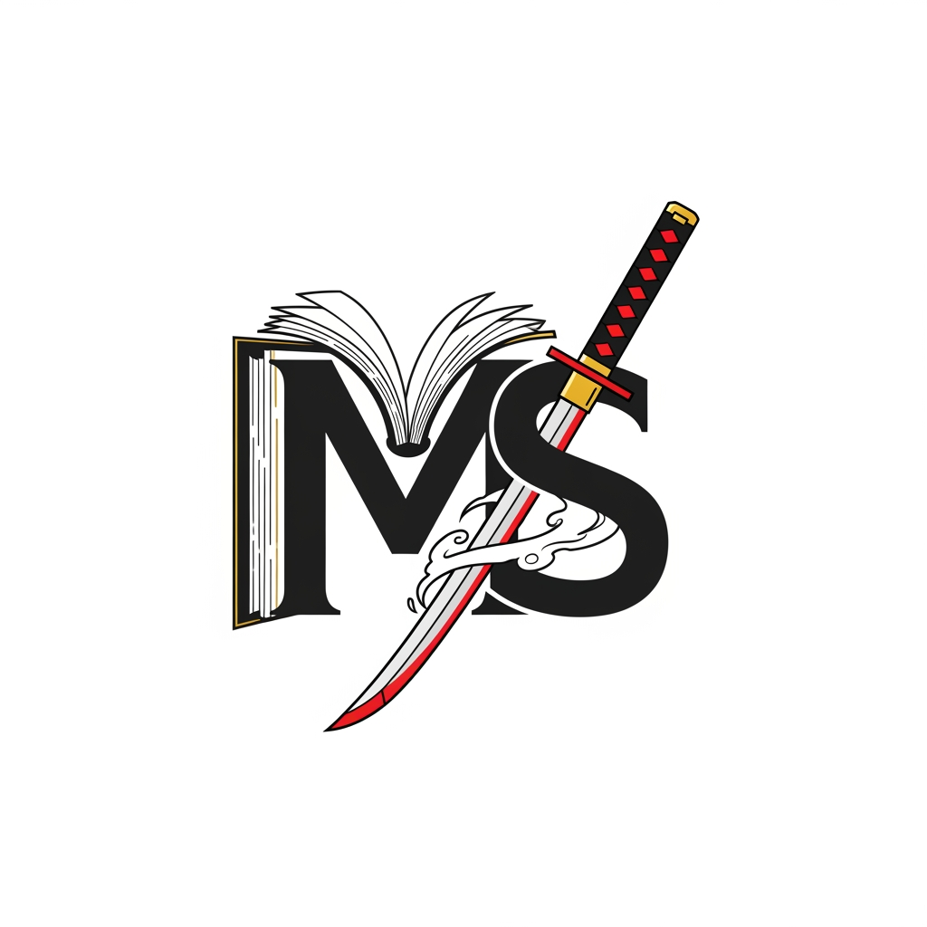 AI Design for Create a flat vector, illustrative-style lettermark logo design for an anime history-mystery channel named 'MysticSaga', shaping the initials “MS” so the “M” resembles the open pages of an ancient tome while the “S” is drawn like a katana blade slicing through fog. Use charcoal black for the base stroke, accent with vermilion on the katana edge, and add a thin gold line along the book-page “M” spine against a white background. Do not show any realistic photo detail shading.