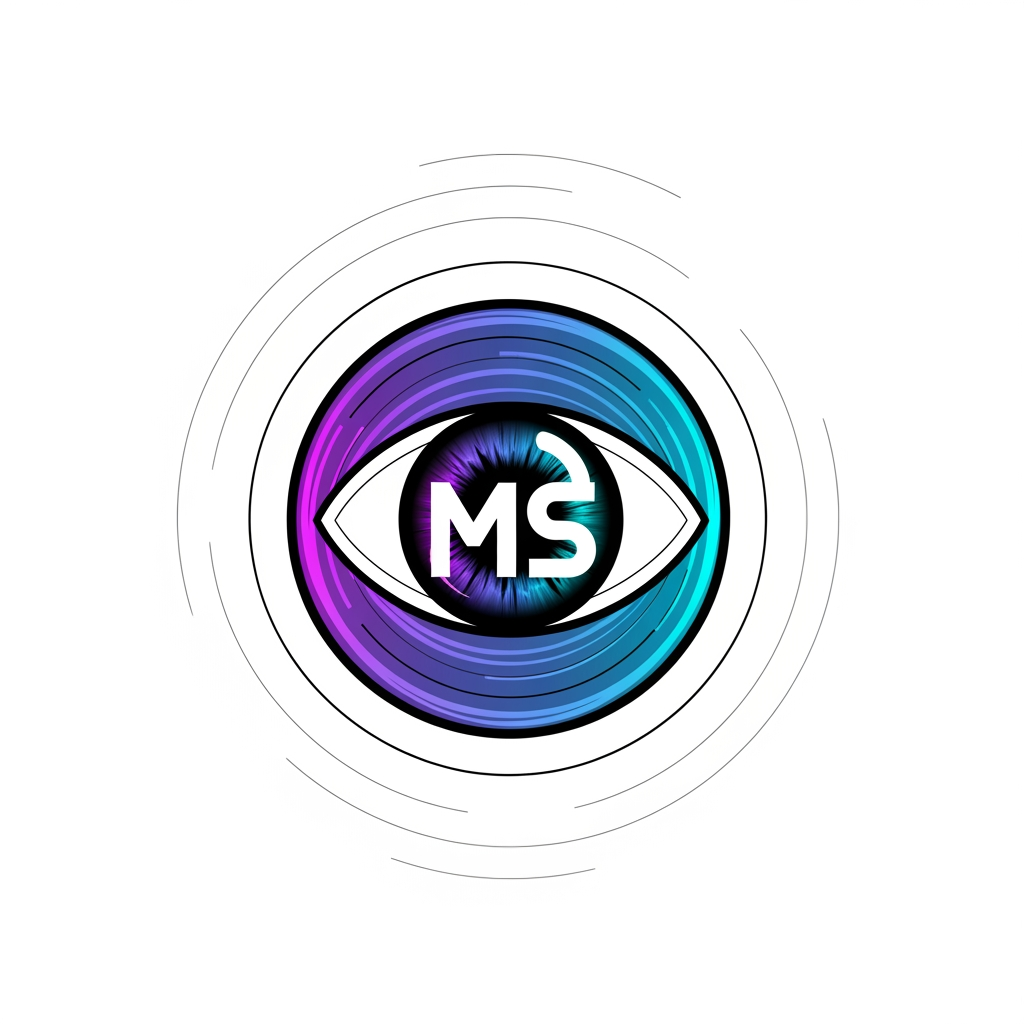 AI Design for Create a flat vector, illustrative-style abstract concept logo design for an anime channel focused on historical mysteries, myths and legends named 'MysticSaga', depicting a swirling portal ring shaped like an eye whose iris subtly forms the letters “MS”. Concentric ripple lines radiate outward, suggesting time travel and unfolding stories. Apply gradient hues of cosmic violet to electric cyan for the portal, with a crisp white highlight arc and minimal black outline against a white background. Do not show any realistic photo detail shading.