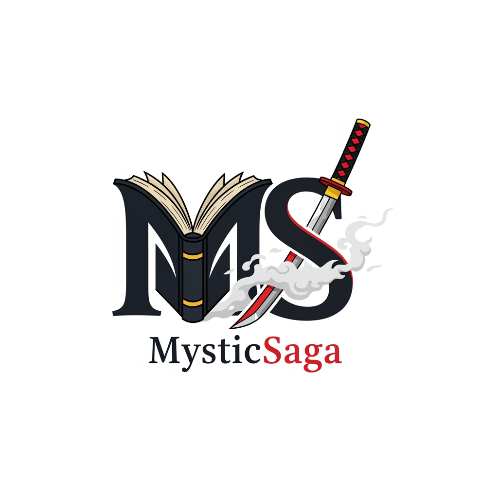 AI Design for Create a flat vector, illustrative-style lettermark logo design for an anime history-mystery channel named 'MysticSaga', shaping the initials “MS” so the “M” resembles the open pages of an ancient tome while the “S” is drawn like a katana blade slicing through fog. Use charcoal black for the base stroke, accent with vermilion on the katana edge, and add a thin gold line along the book-page “M” spine against a white background. Do not show any realistic photo detail shading.