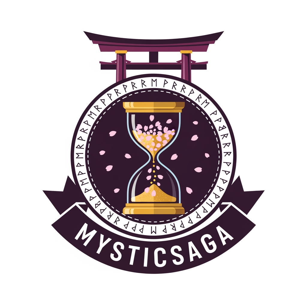 AI Design for Create a flat vector, illustrative-style emblem logo design for an anime channel exploring myths, legends and historic enigmas named 'MysticSaga', built as a circular crest: a stylized torii gate at the top, an hourglass at the center with sand turning into cherry-blossom petals, and tiny runic marks around the rim. Place the word “MYSTICSAGA” in a curved banner below the circle. Use dark plum, antique parchment-gold, and soft sakura pink accents against a white background. Do not show any realistic photo detail shading.