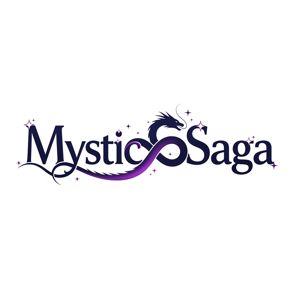 AI Design for Logo Idea 1:
Create a flat vector, illustrative-style wordmark logo design for a storytelling anime channel about historic mysteries, myths and legends named 'MysticSaga', where the two words flow together in one continuous stroke and the central “S” curls into a dragon-serpent silhouette that subtly forms an infinity loop, hinting at endless tales. Use deep midnight-indigo for the letters, a gradient flicker of amethyst on the dragon curve, and a pop of pale moon-silver for small spark highlights, against a white background. Do not show any realistic photo detail shading.