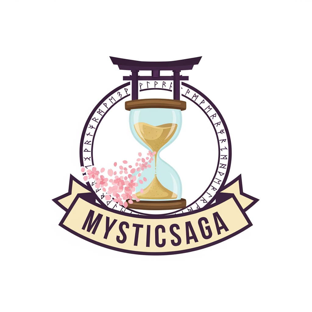 AI Design for Create a flat vector, illustrative-style emblem logo design for an anime channel exploring myths, legends and historic enigmas named 'MysticSaga', built as a circular crest: a stylized torii gate at the top, an hourglass at the center with sand turning into cherry-blossom petals, and tiny runic marks around the rim. Place the word “MYSTICSAGA” in a curved banner below the circle. Use dark plum, antique parchment-gold, and soft sakura pink accents against a white background. Do not show any realistic photo detail shading.