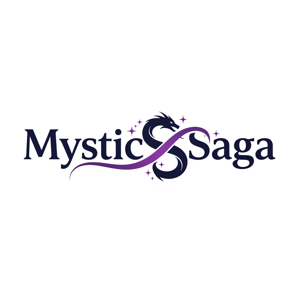AI Design for Logo Idea 1:
Create a flat vector, illustrative-style wordmark logo design for a storytelling anime channel about historic mysteries, myths and legends named 'MysticSaga', where the two words flow together in one continuous stroke and the central “S” curls into a dragon-serpent silhouette that subtly forms an infinity loop, hinting at endless tales. Use deep midnight-indigo for the letters, a gradient flicker of amethyst on the dragon curve, and a pop of pale moon-silver for small spark highlights, against a white background. Do not show any realistic photo detail shading.