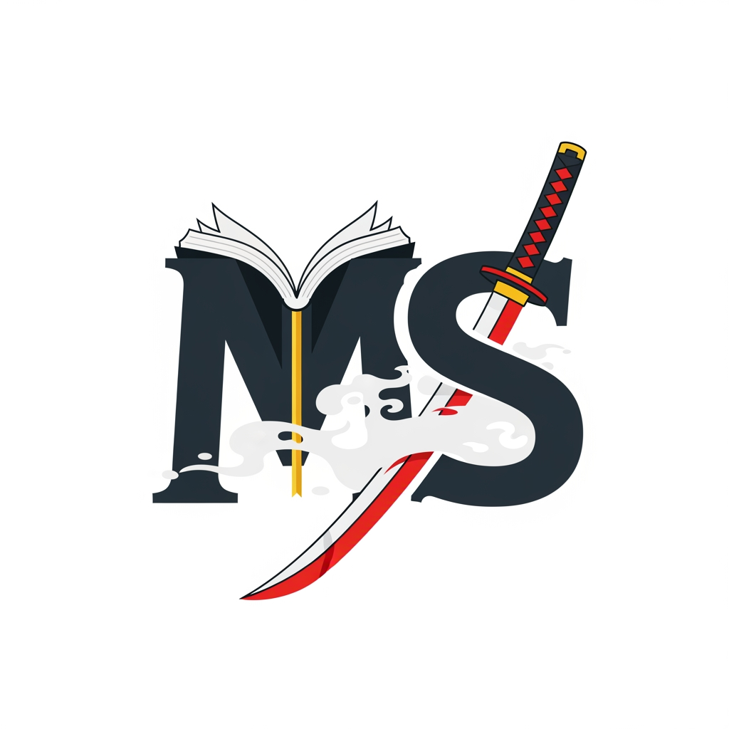 AI Design for Create a flat vector, illustrative-style lettermark logo design for an anime history-mystery channel named 'MysticSaga', shaping the initials “MS” so the “M” resembles the open pages of an ancient tome while the “S” is drawn like a katana blade slicing through fog. Use charcoal black for the base stroke, accent with vermilion on the katana edge, and add a thin gold line along the book-page “M” spine against a white background. Do not show any realistic photo detail shading.