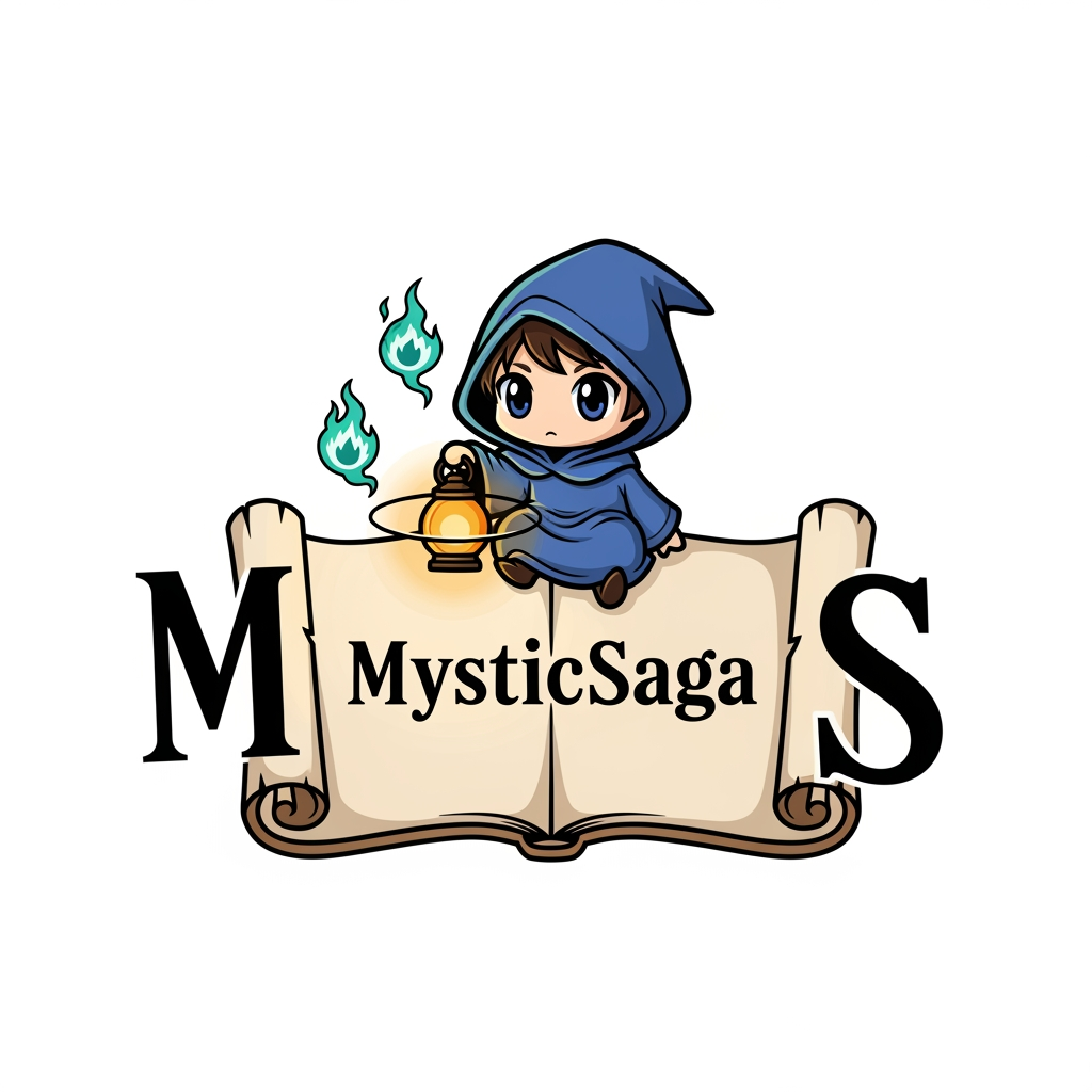 AI Design for Create a flat vector, illustrative-style mascot logo design for a myths-and-legends anime channel named 'MysticSaga', featuring a cute hooded chibi storyteller perched on an open scroll; the scroll’s edges curl into the letter “M” on the left and “S” on the right. Small floating ghost-flame wisps orbit the mascot’s lantern to hint at spooky tales. Use twilight-blue robes, warm lantern amber, and teal ghost-flames against a white background. Do not show any realistic photo detail shading.