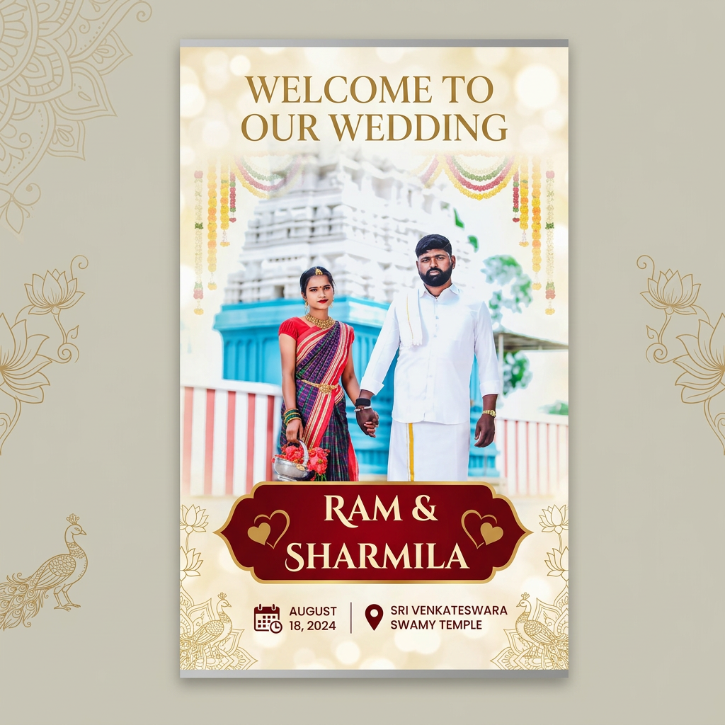 AI Design for generate wedding standing banner for font door display in the size of 48 inch width and 72 inches height