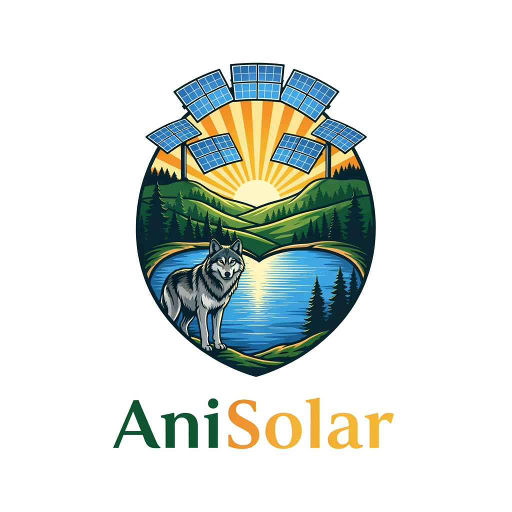 AI Design for Logo design for AniSolar — a sustainable animal sanctuary and solar-powered eco resort. Central symbol: a majestic wolf standing proudly beside a heart-shaped lake, representing love for nature and animals. Behind the wolf, stylized solar panels reflect the sunrise, surrounded by green hills and trees. The composition should feel powerful, natural, and corporate — blending renewable energy and wildlife protection. Use deep green, golden sunlight, and blue tones for harmony. Include the text “AniSolar” in elegant modern font, with “Ani” in green and “Solar” in golden orange gradient. Style: professional, clean, emblem-like, suitable for branding and signage.