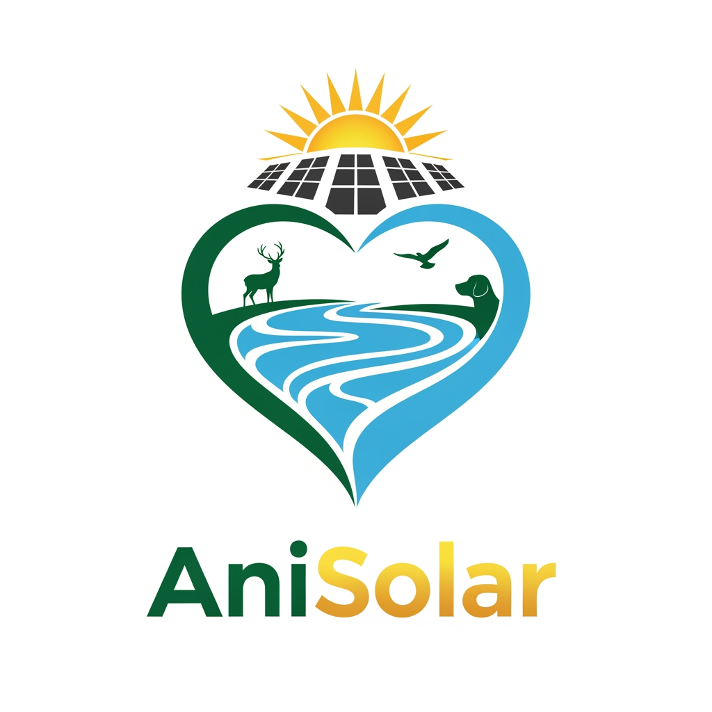 AI Design for Logo design for AniSolar — elegant and corporate eco style. Central symbol: a stylized heart-shaped lake formed by flowing lines, inside which silhouettes of different animals (deer, bird in flight, and a dog) are subtly integrated into the curves. Above the heart, a radiant sun with clean solar panel shapes beneath it, symbolizing renewable energy. The overall design should feel harmonious, natural, and professional. Colors: deep green for nature, golden yellow for sunlight, and aqua blue for water. Text “AniSolar” placed below in modern, bold sans-serif font, with “Ani” in green and “Solar” in golden gradient. Style: emblem-like, minimal yet powerful, suitable for corporate branding and signage.