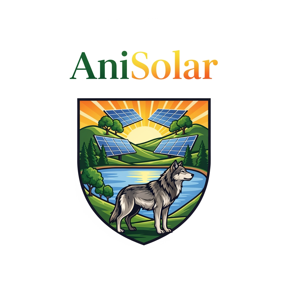 AI Design for Logo design for AniSolar — a sustainable animal sanctuary and solar-powered eco resort. Central symbol: a majestic wolf standing proudly beside a heart-shaped lake, representing love for nature and animals. Behind the wolf, stylized solar panels reflect the sunrise, surrounded by green hills and trees. The composition should feel powerful, natural, and corporate — blending renewable energy and wildlife protection. Use deep green, golden sunlight, and blue tones for harmony. Include the text “AniSolar” in elegant modern font, with “Ani” in green and “Solar” in golden orange gradient. Style: professional, clean, emblem-like, suitable for branding and signage.