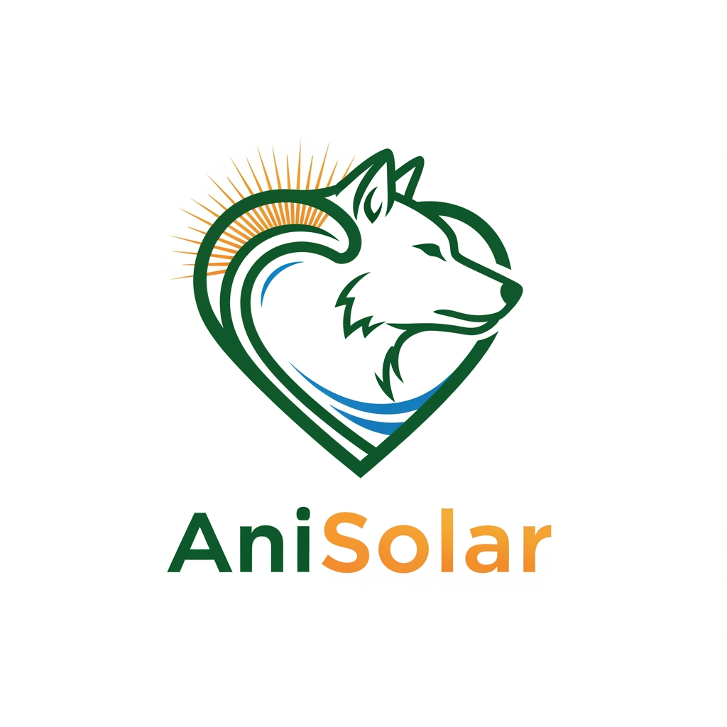 AI Design for Logo design for AniSolar — minimalist and corporate style. Central shape: outline of a wolf’s head, strong and noble, seamlessly merging with the curves of a heart symbol. The heart represents love and sanctuary, while the wolf embodies strength and protection of wildlife. Clean lines, emblem-like design, suitable for branding. Colors: deep green for nature, golden orange for solar energy, and subtle blue accents for water. Text “AniSolar” placed below in modern sans-serif font, bold and elegant, with “Ani” in green and “Solar” in golden gradient. Style: professional, natural, powerful, and corporate.