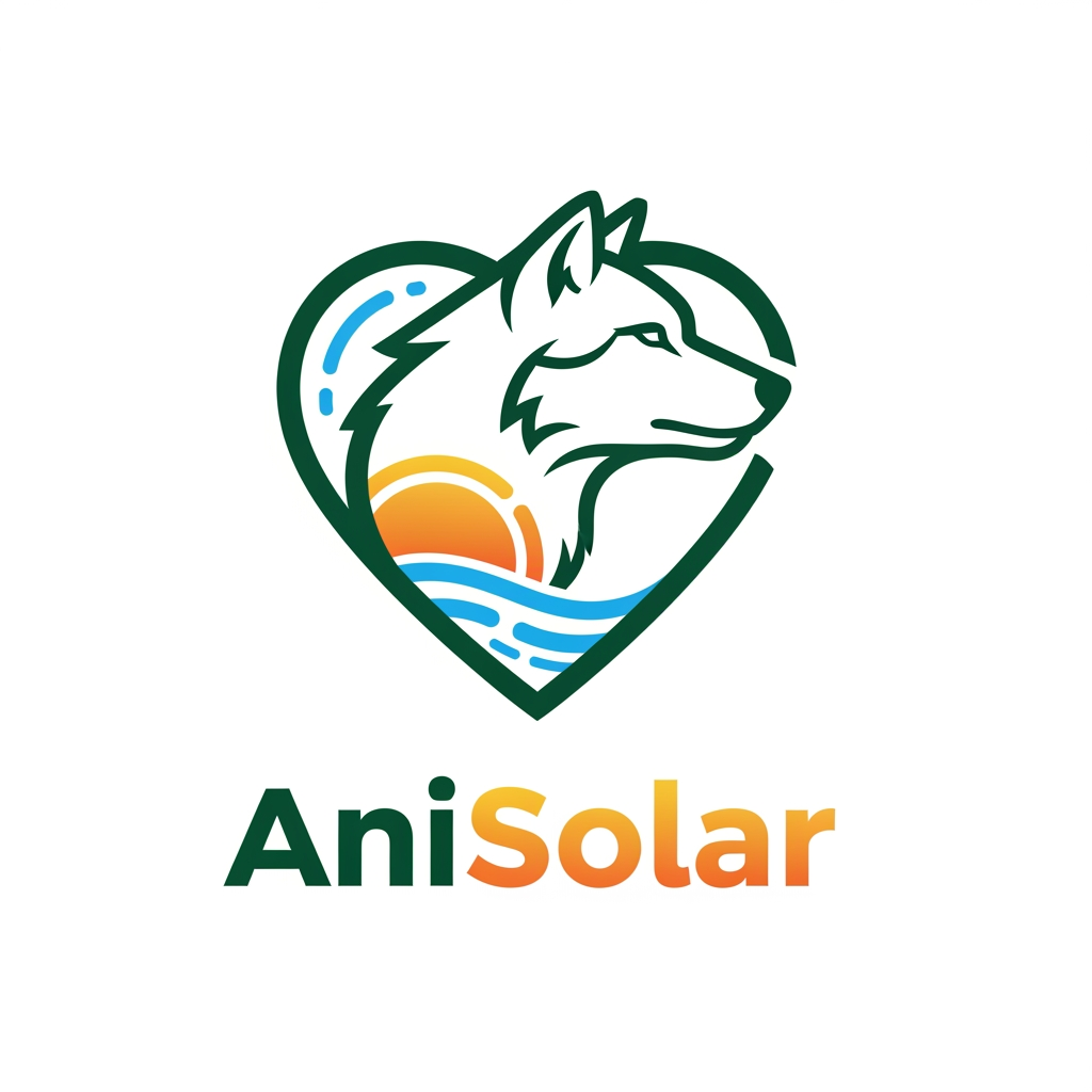 AI Design for Logo design for AniSolar — minimalist and corporate style. Central shape: outline of a wolf’s head, strong and noble, seamlessly merging with the curves of a heart symbol. The heart represents love and sanctuary, while the wolf embodies strength and protection of wildlife. Clean lines, emblem-like design, suitable for branding. Colors: deep green for nature, golden orange for solar energy, and subtle blue accents for water. Text “AniSolar” placed below in modern sans-serif font, bold and elegant, with “Ani” in green and “Solar” in golden gradient. Style: professional, natural, powerful, and corporate.