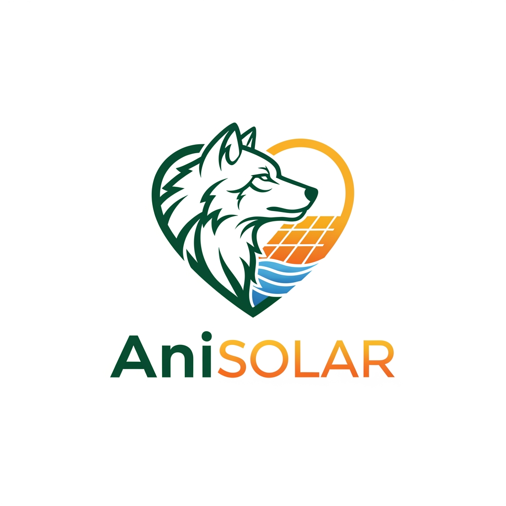 AI Design for Logo design for AniSolar — minimalist and corporate style. Central shape: outline of a wolf’s head, strong and noble, seamlessly merging with the curves of a heart symbol. The heart represents love and sanctuary, while the wolf embodies strength and protection of wildlife. Clean lines, emblem-like design, suitable for branding. Colors: deep green for nature, golden orange for solar energy, and subtle blue accents for water. Text “AniSolar” placed below in modern sans-serif font, bold and elegant, with “Ani” in green and “Solar” in golden gradient. Style: professional, natural, powerful, and corporate.