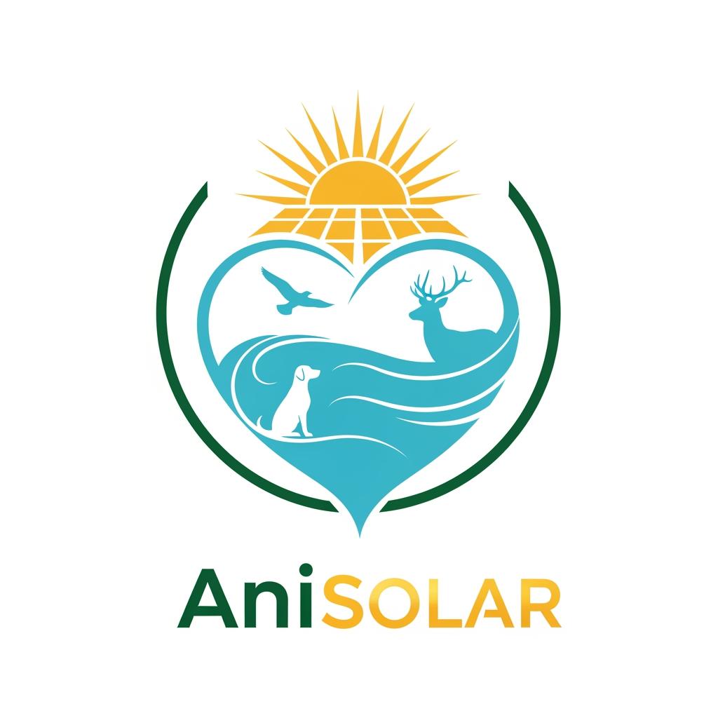 AI Design for Logo design for AniSolar — elegant and corporate eco style. Central symbol: a stylized heart-shaped lake formed by flowing lines, inside which silhouettes of different animals (deer, bird in flight, and a dog) are subtly integrated into the curves. Above the heart, a radiant sun with clean solar panel shapes beneath it, symbolizing renewable energy. The overall design should feel harmonious, natural, and professional. Colors: deep green for nature, golden yellow for sunlight, and aqua blue for water. Text “AniSolar” placed below in modern, bold sans-serif font, with “Ani” in green and “Solar” in golden gradient. Style: emblem-like, minimal yet powerful, suitable for corporate branding and signage.