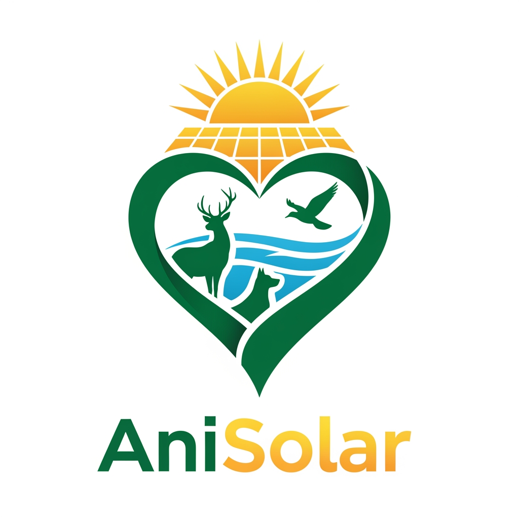 AI Design for Logo design for AniSolar — elegant and corporate eco style. Central symbol: a stylized heart-shaped lake formed by flowing lines, inside which silhouettes of different animals (deer, bird in flight, and a dog) are subtly integrated into the curves. Above the heart, a radiant sun with clean solar panel shapes beneath it, symbolizing renewable energy. The overall design should feel harmonious, natural, and professional. Colors: deep green for nature, golden yellow for sunlight, and aqua blue for water. Text “AniSolar” placed below in modern, bold sans-serif font, with “Ani” in green and “Solar” in golden gradient. Style: emblem-like, minimal yet powerful, suitable for corporate branding and signage.