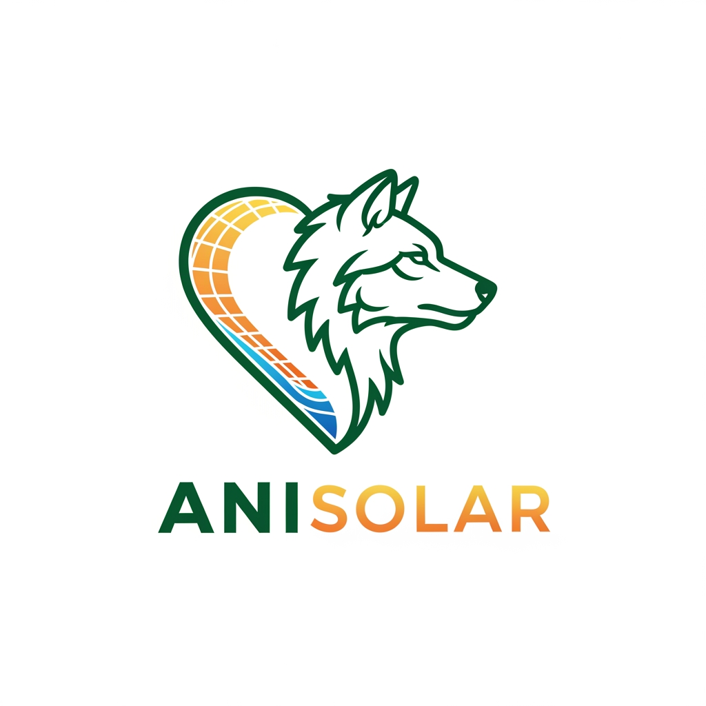 AI Design for Logo design for AniSolar — minimalist and corporate style. Central shape: outline of a wolf’s head, strong and noble, seamlessly merging with the curves of a heart symbol. The heart represents love and sanctuary, while the wolf embodies strength and protection of wildlife. Clean lines, emblem-like design, suitable for branding. Colors: deep green for nature, golden orange for solar energy, and subtle blue accents for water. Text “AniSolar” placed below in modern sans-serif font, bold and elegant, with “Ani” in green and “Solar” in golden gradient. Style: professional, natural, powerful, and corporate.