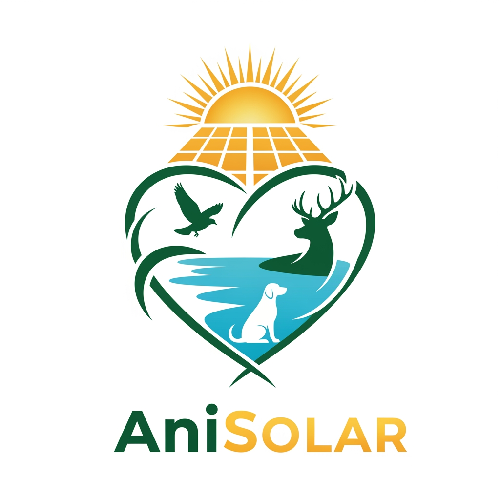 AI Design for Logo design for AniSolar — elegant and corporate eco style. Central symbol: a stylized heart-shaped lake formed by flowing lines, inside which silhouettes of different animals (deer, bird in flight, and a dog) are subtly integrated into the curves. Above the heart, a radiant sun with clean solar panel shapes beneath it, symbolizing renewable energy. The overall design should feel harmonious, natural, and professional. Colors: deep green for nature, golden yellow for sunlight, and aqua blue for water. Text “AniSolar” placed below in modern, bold sans-serif font, with “Ani” in green and “Solar” in golden gradient. Style: emblem-like, minimal yet powerful, suitable for corporate branding and signage.