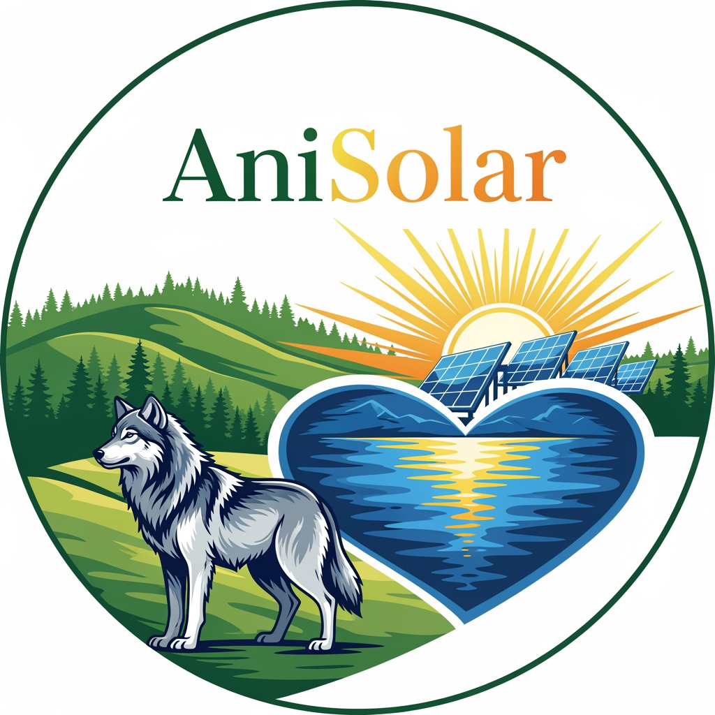 AI Design for Logo design for AniSolar — a sustainable animal sanctuary and solar-powered eco resort. Central symbol: a majestic wolf standing proudly beside a heart-shaped lake, representing love for nature and animals. Behind the wolf, stylized solar panels reflect the sunrise, surrounded by green hills and trees. The composition should feel powerful, natural, and corporate — blending renewable energy and wildlife protection. Use deep green, golden sunlight, and blue tones for harmony. Include the text “AniSolar” in elegant modern font, with “Ani” in green and “Solar” in golden orange gradient. Style: professional, clean, emblem-like, suitable for branding and signage.