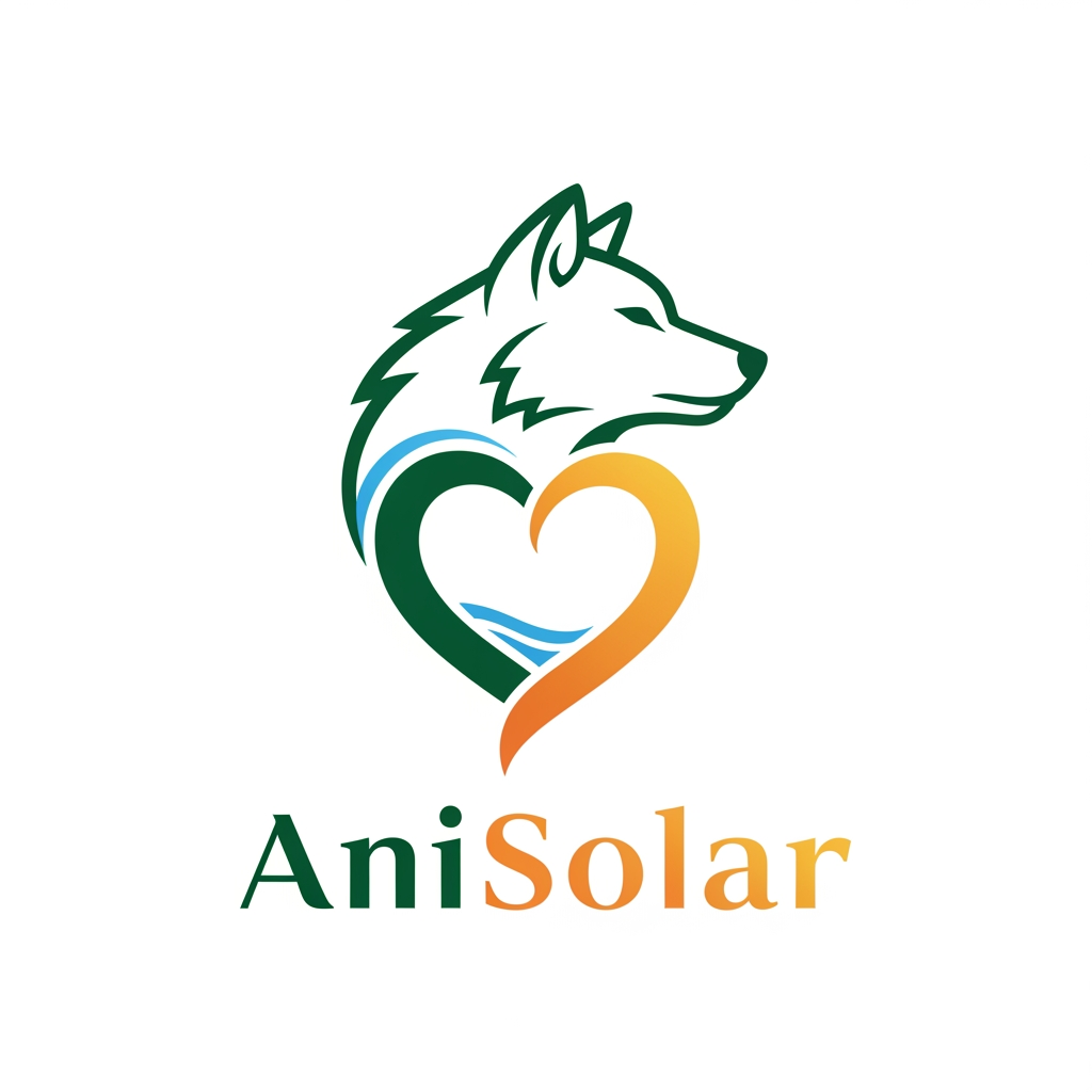 AI Design for Logo design for AniSolar — minimalist and corporate style. Central shape: outline of a wolf’s head, strong and noble, seamlessly merging with the curves of a heart symbol. The heart represents love and sanctuary, while the wolf embodies strength and protection of wildlife. Clean lines, emblem-like design, suitable for branding. Colors: deep green for nature, golden orange for solar energy, and subtle blue accents for water. Text “AniSolar” placed below in modern sans-serif font, bold and elegant, with “Ani” in green and “Solar” in golden gradient. Style: professional, natural, powerful, and corporate.