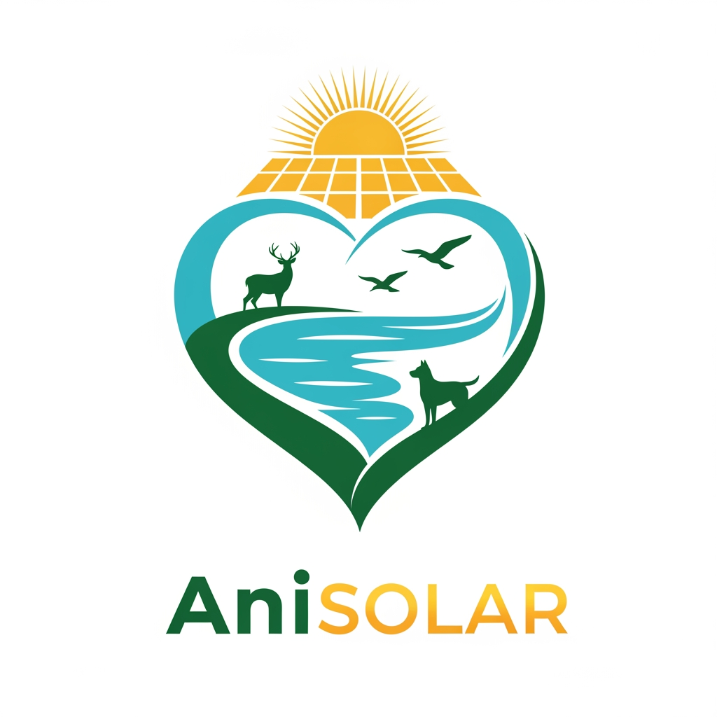 AI Design for Logo design for AniSolar — elegant and corporate eco style. Central symbol: a stylized heart-shaped lake formed by flowing lines, inside which silhouettes of different animals (deer, bird in flight, and a dog) are subtly integrated into the curves. Above the heart, a radiant sun with clean solar panel shapes beneath it, symbolizing renewable energy. The overall design should feel harmonious, natural, and professional. Colors: deep green for nature, golden yellow for sunlight, and aqua blue for water. Text “AniSolar” placed below in modern, bold sans-serif font, with “Ani” in green and “Solar” in golden gradient. Style: emblem-like, minimal yet powerful, suitable for corporate branding and signage.